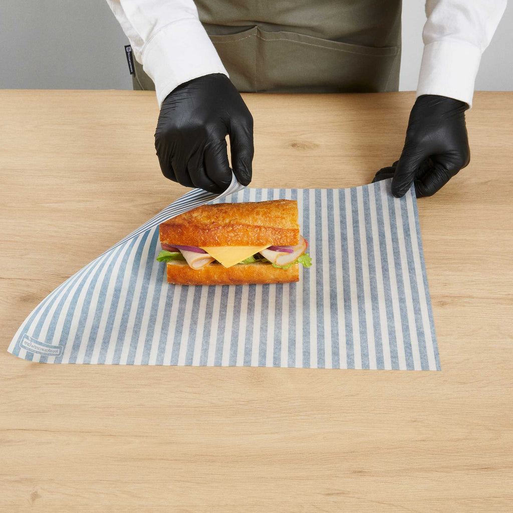 Chef 101 No PFAS Added Blue and White Stripe Paper Food Wrap and Basket Liner - Greaseproof - 15" x 11" - 200 count box