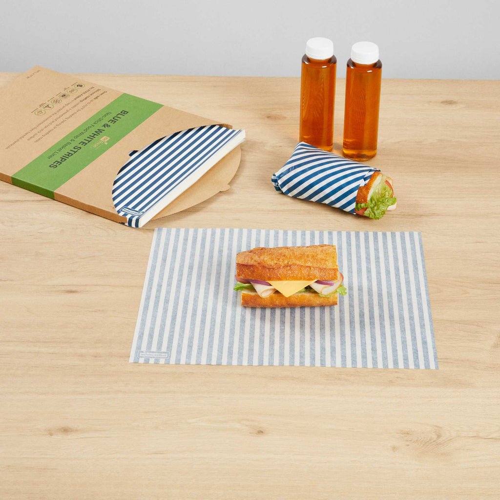 Chef 101 No PFAS Added Blue and White Stripe Paper Food Wrap and Basket Liner - Greaseproof - 15" x 11" - 2000 count box