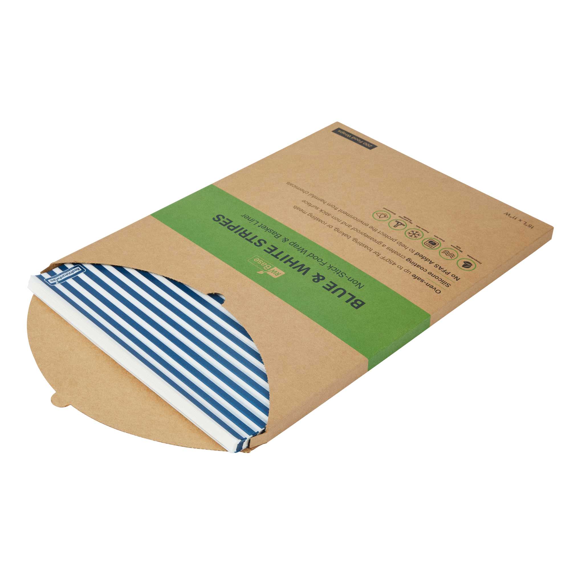 Chef 101 No PFAS Added Blue and White Stripe Paper Food Wrap and Basket Liner - Greaseproof - 15" x 11" - 2000 count box