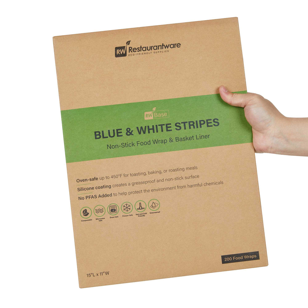 Chef 101 No PFAS Added Blue and White Stripe Paper Food Wrap and Basket Liner - Greaseproof - 15" x 11" - 2000 count box