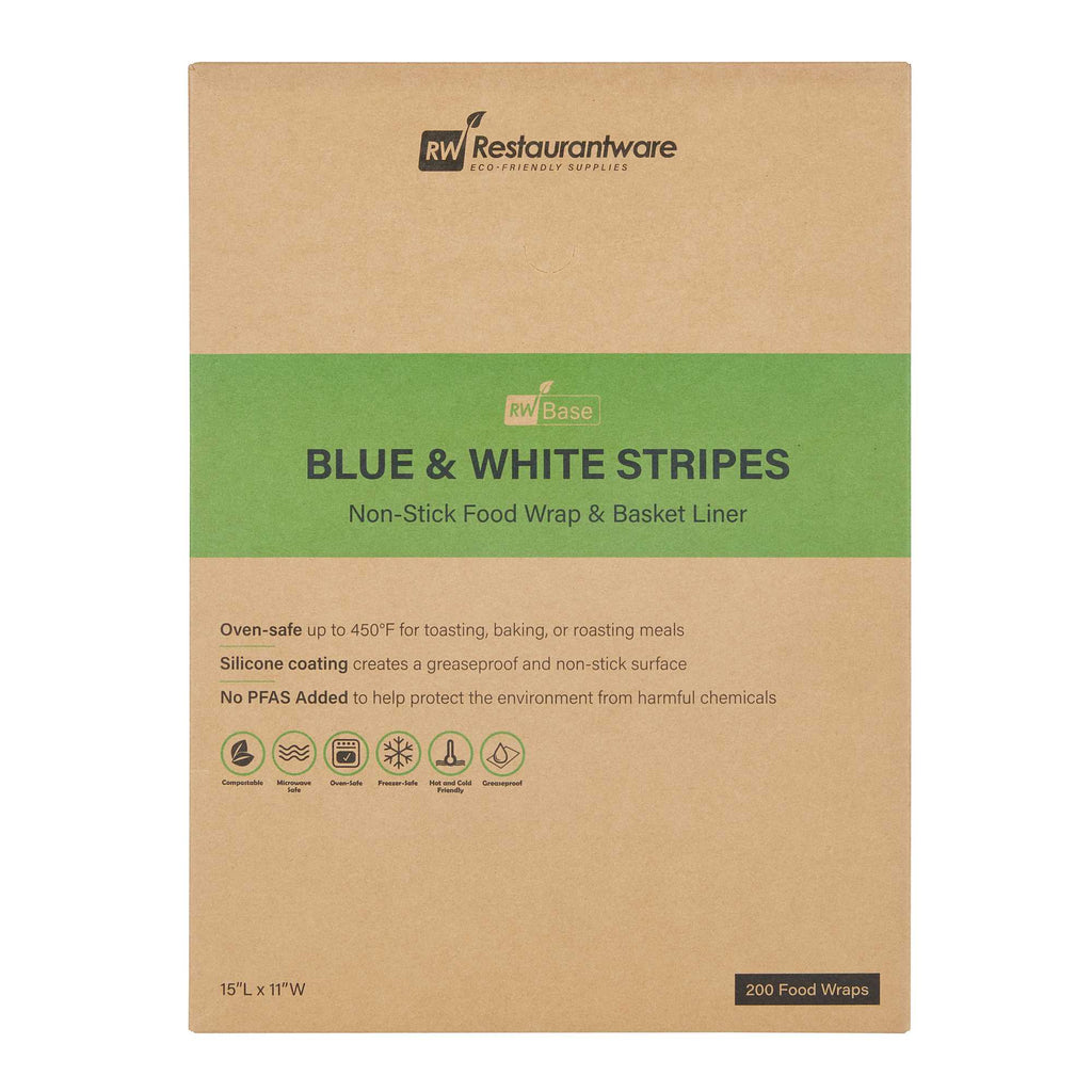 Chef 101 No PFAS Added Blue and White Stripe Paper Food Wrap and Basket Liner - Greaseproof - 15" x 11" - 2000 count box
