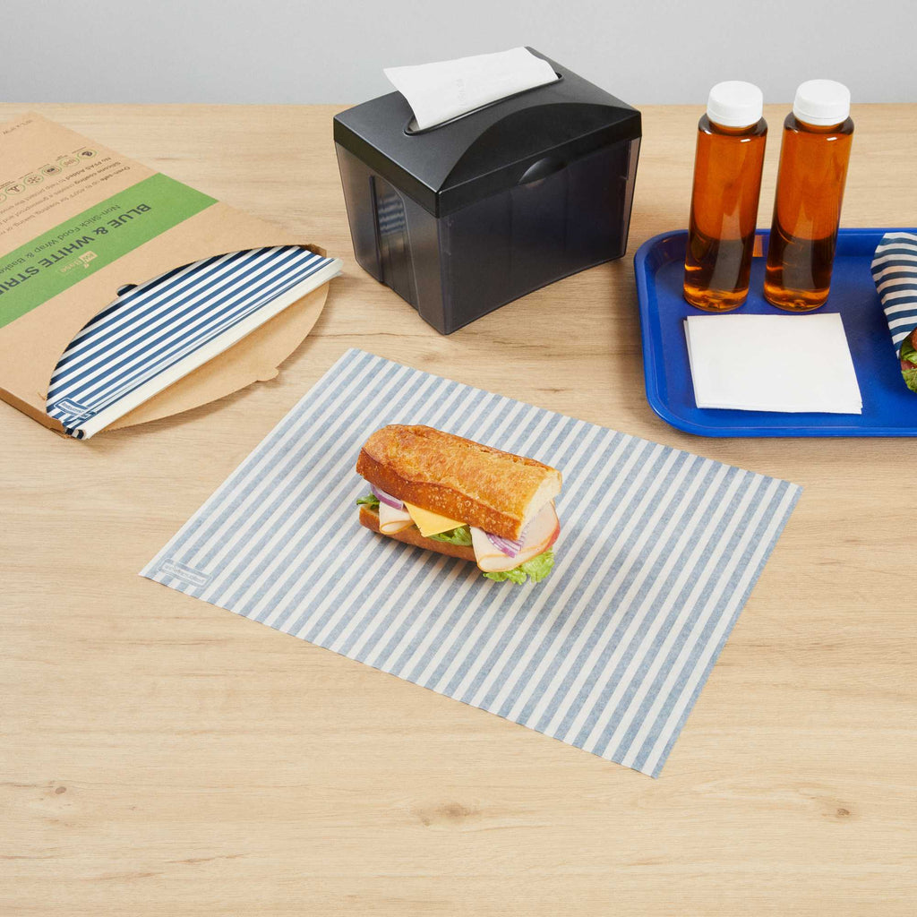 Chef 101 No PFAS Added Blue and White Stripe Paper Food Wrap and Basket Liner - Greaseproof - 15" x 11" - 2000 count box