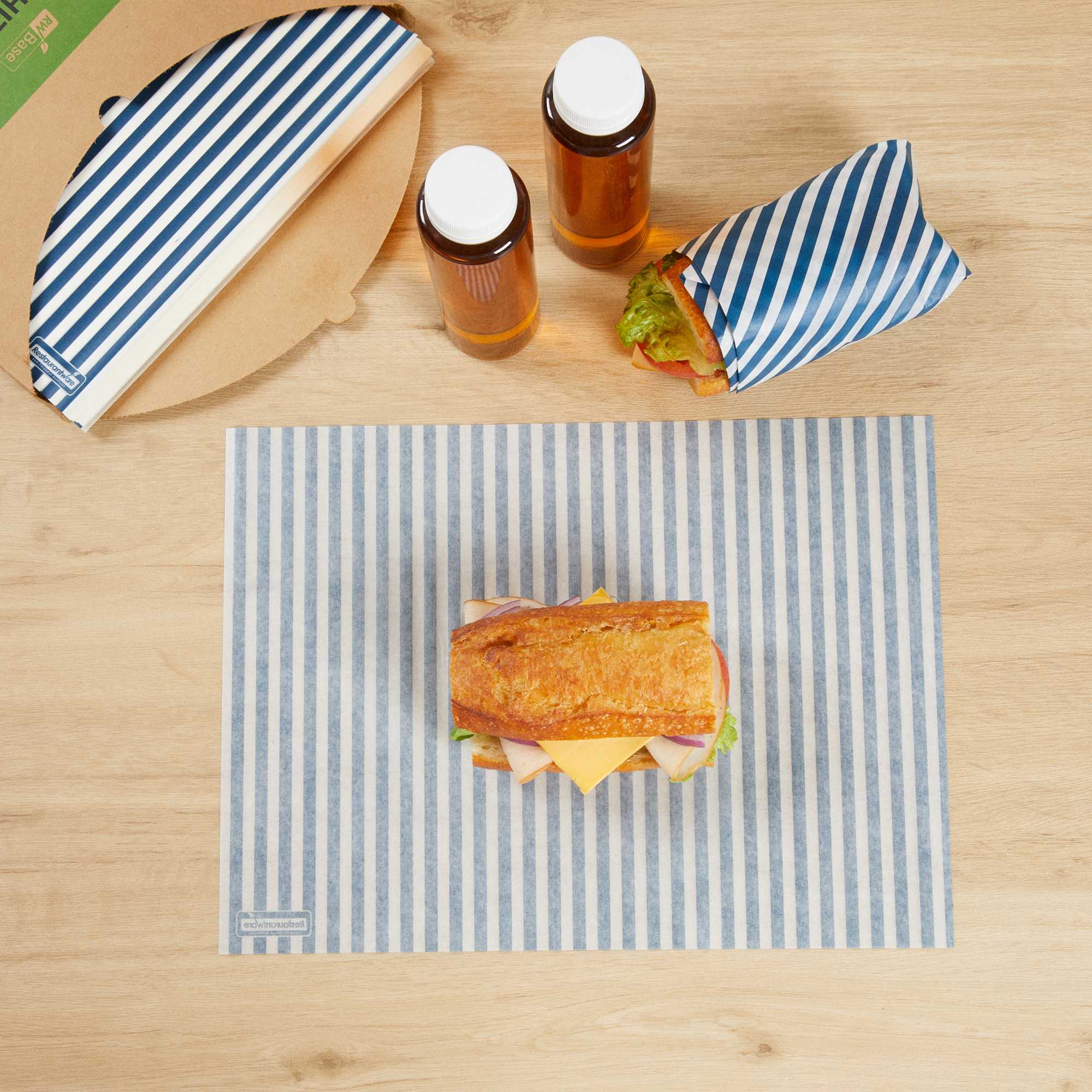 Chef 101 No PFAS Added Blue and White Stripe Paper Food Wrap and Basket Liner - Greaseproof - 15" x 11" - 2000 count box