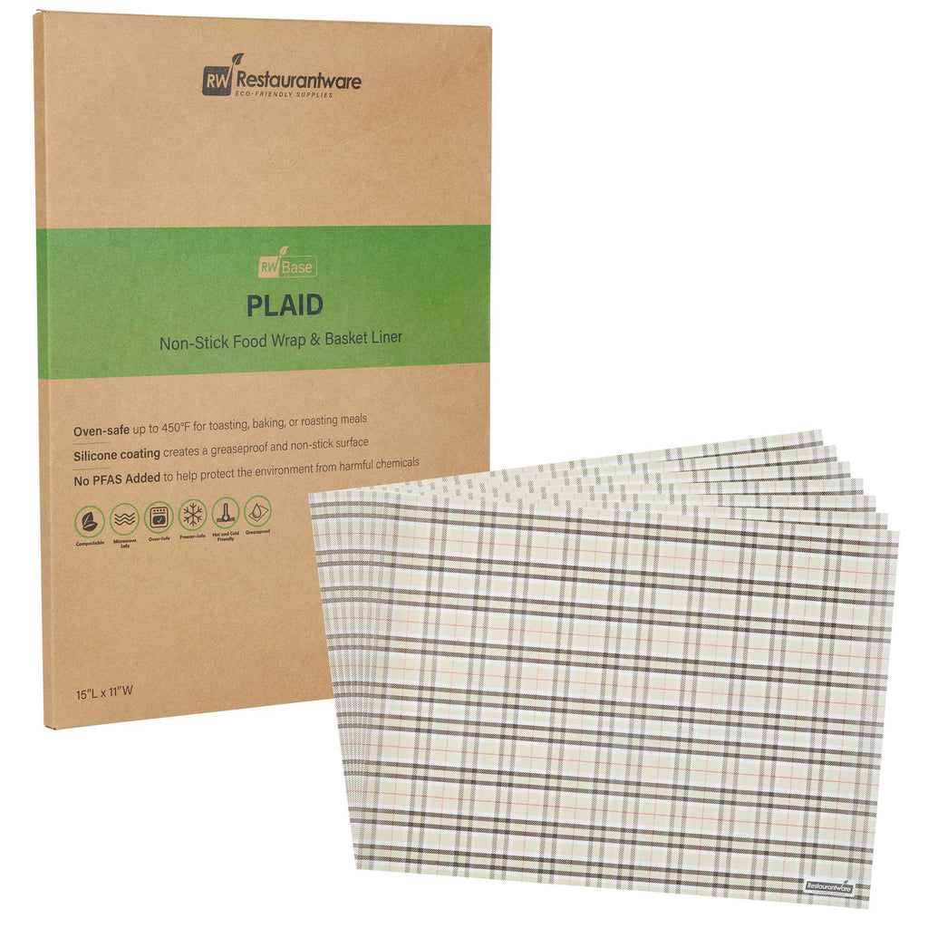 Chef 101 No PFAS Added Plaid Paper Food Wrap and Basket Liner - Greaseproof, Compostable - 15" x 11" - 200 count box