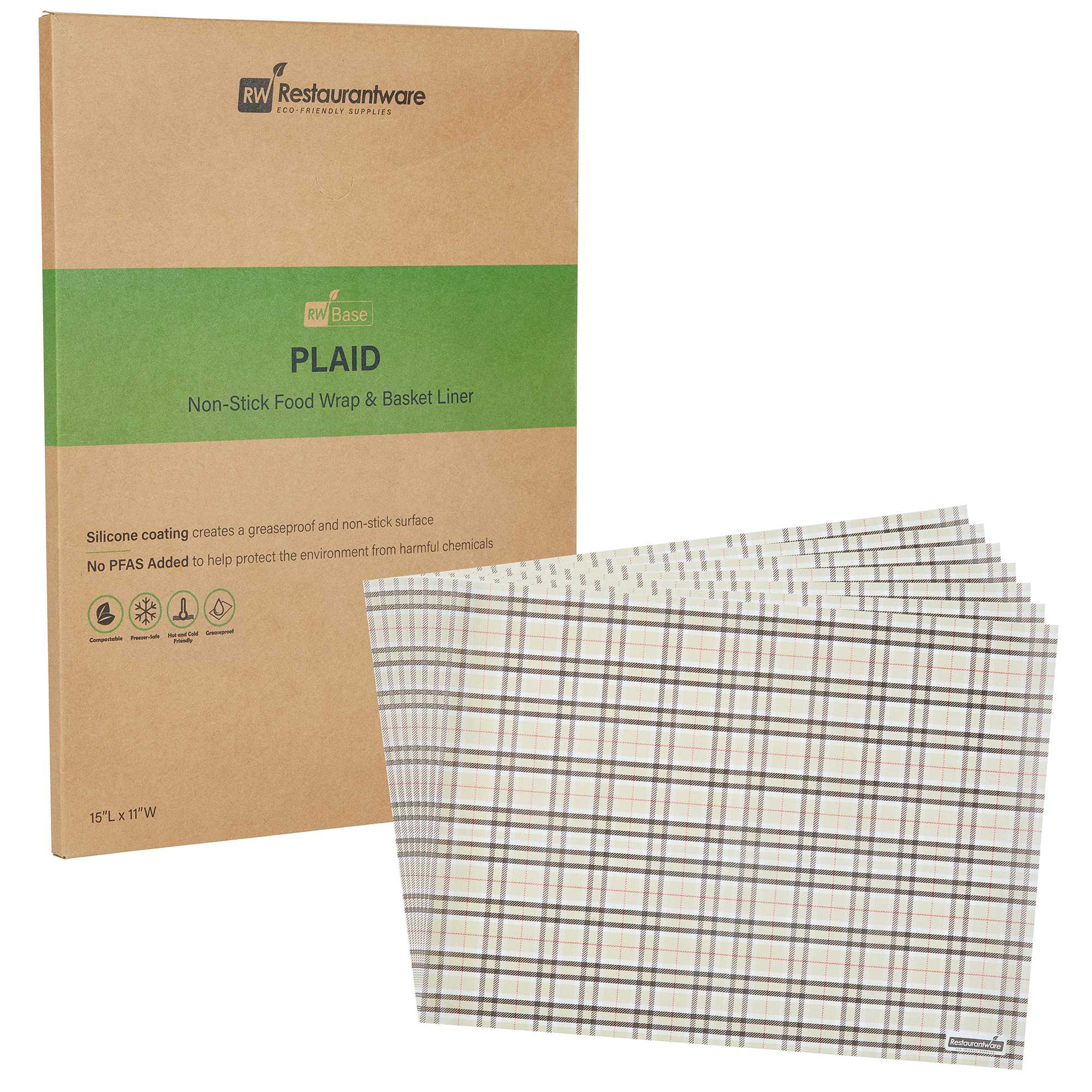 Chef 101 No PFAS Added Plaid Paper Food Wrap and Basket Liner - Greaseproof, Compostable - 15" x 11" - 200 count box