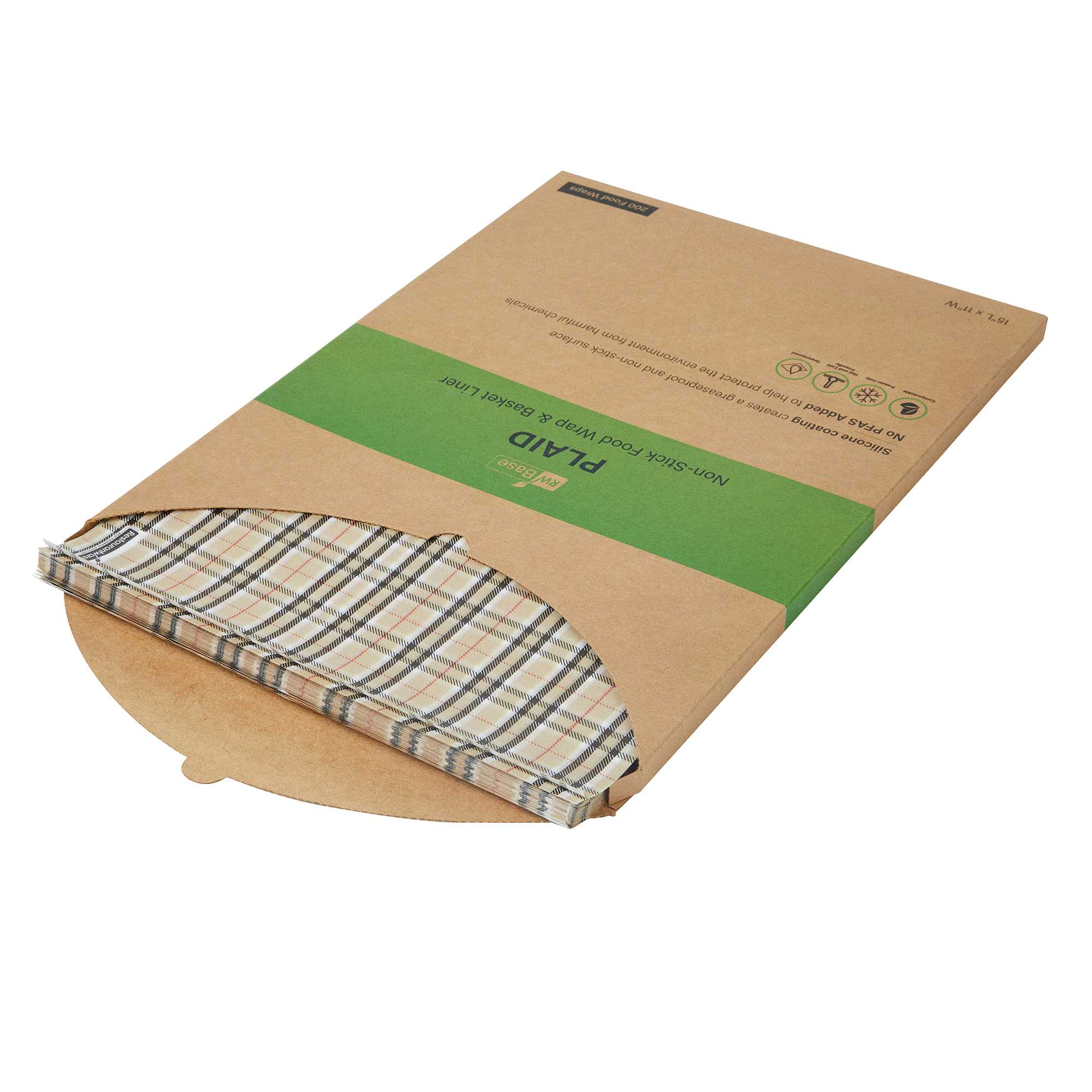 Chef 101 No PFAS Added Plaid Paper Food Wrap and Basket Liner - Greaseproof, Compostable - 15" x 11" - 200 count box
