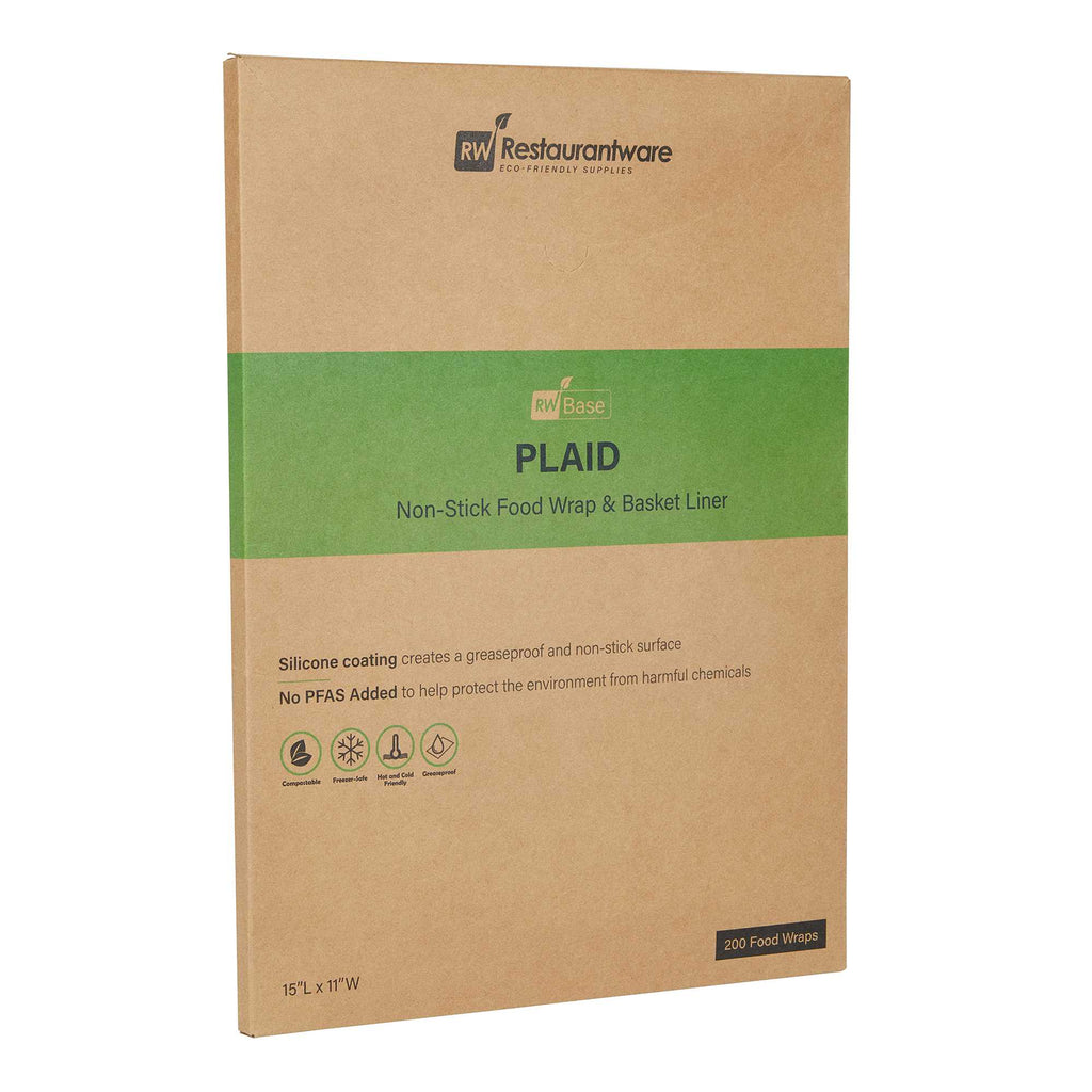 Chef 101 No PFAS Added Plaid Paper Food Wrap and Basket Liner - Greaseproof, Compostable - 15" x 11" - 200 count box