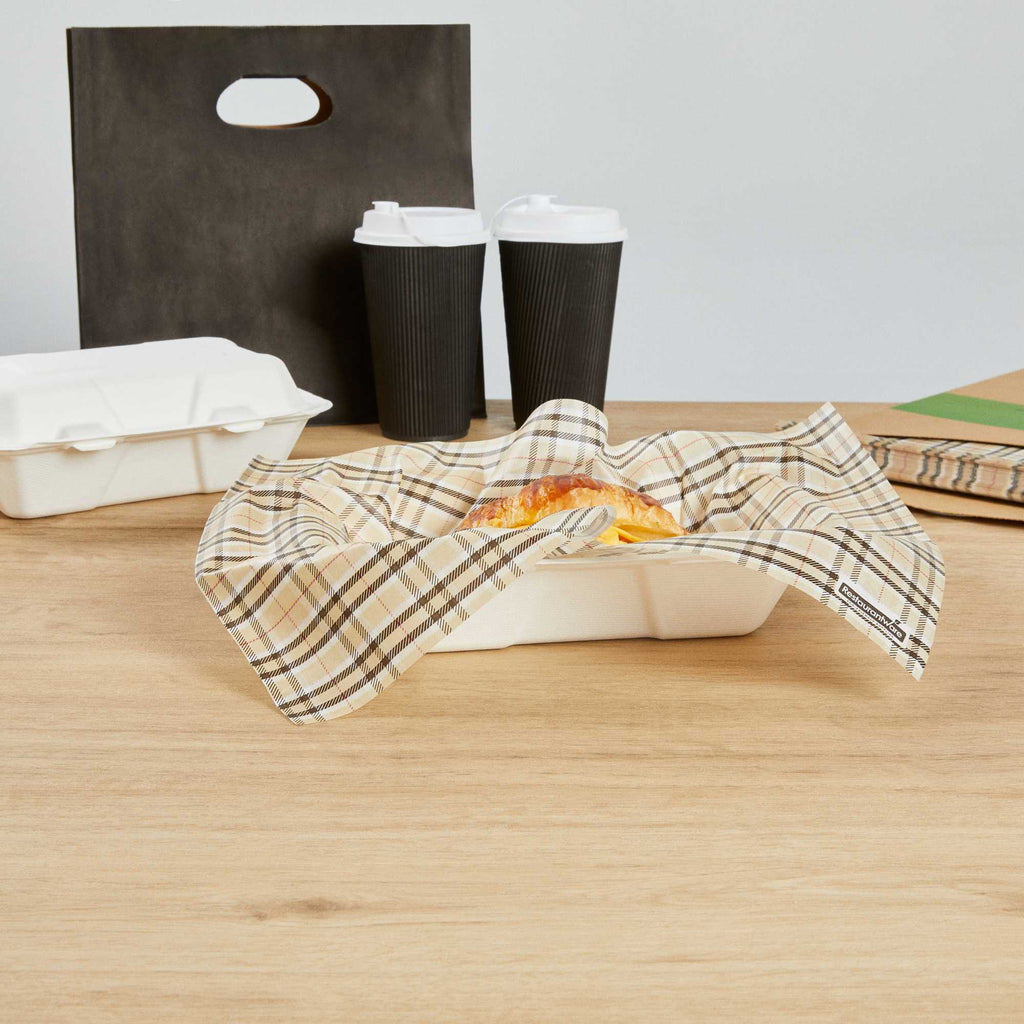 Chef 101 No PFAS Added Plaid Paper Food Wrap and Basket Liner - Greaseproof, Compostable - 15" x 11" - 200 count box