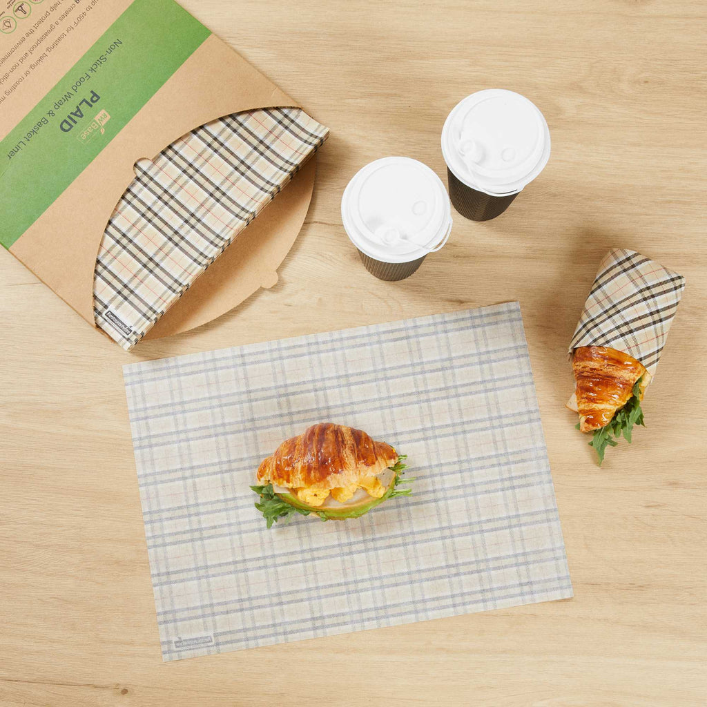 Chef 101 No PFAS Added Plaid Paper Food Wrap and Basket Liner - Greaseproof, Compostable - 15" x 11" - 200 count box