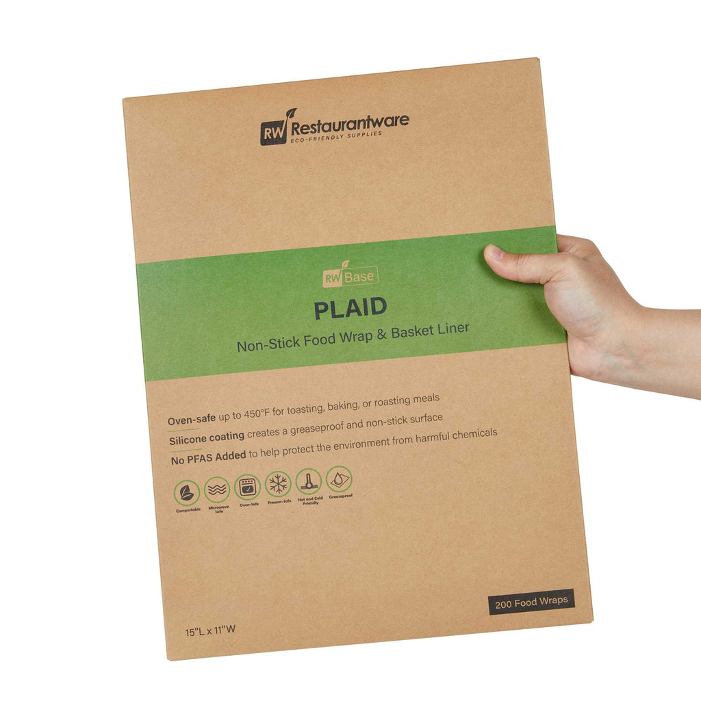 Chef 101 No PFAS Added Plaid Paper Food Wrap and Basket Liner - Greaseproof, Compostable - 15" x 11" - 2000 count box