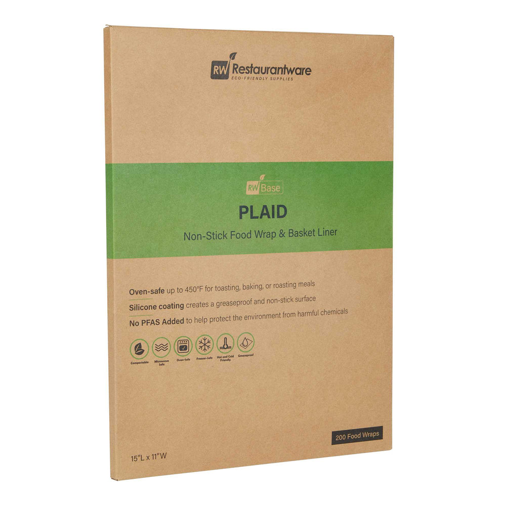 Chef 101 No PFAS Added Plaid Paper Food Wrap and Basket Liner - Greaseproof, Compostable - 15" x 11" - 2000 count box