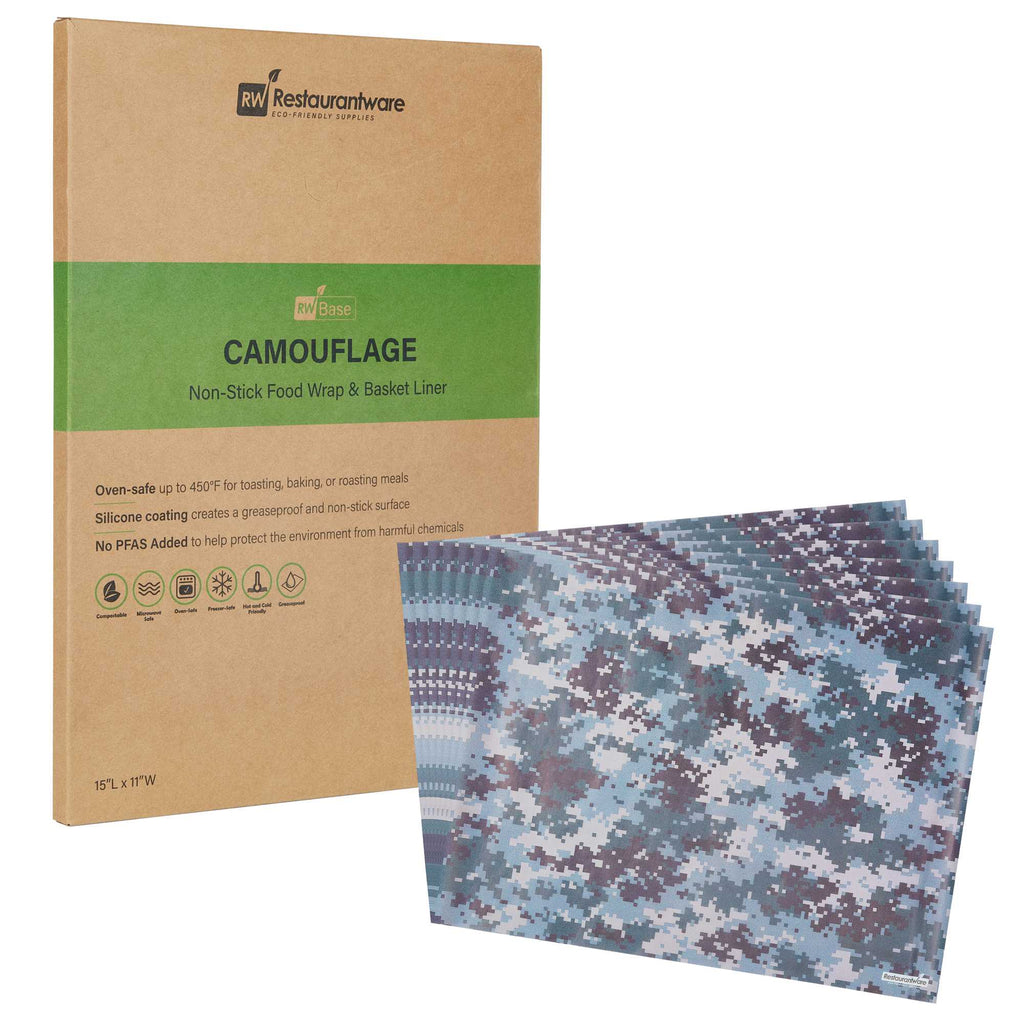 Chef 101 No PFAS Added Camouflage Paper Food Wrap and Basket Liner - Greaseproof, Compostable - 15" x 11" - 200 count box
