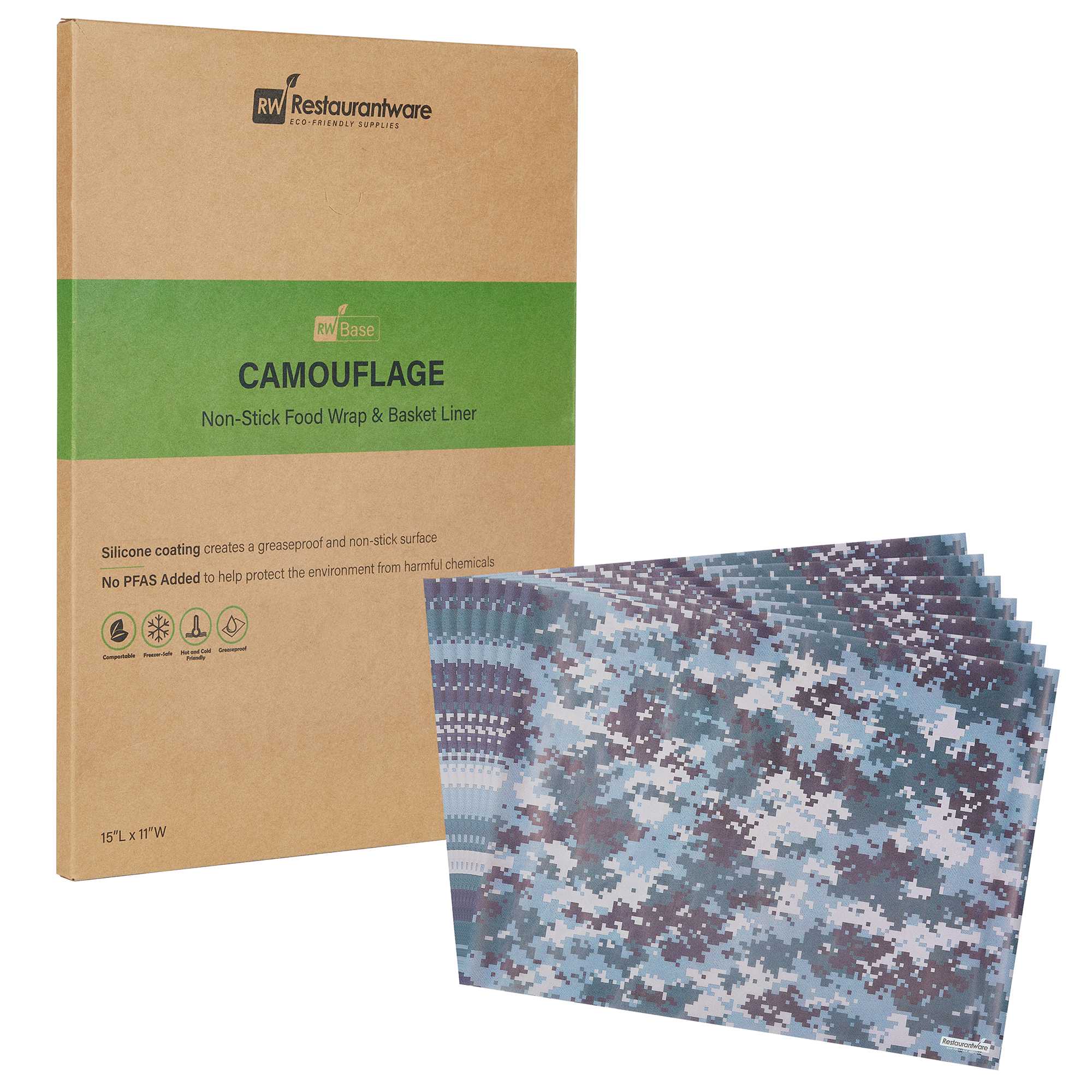 Chef 101 No PFAS Added Camouflage Paper Food Wrap and Basket Liner - Greaseproof, Compostable - 15" x 11" - 200 count box