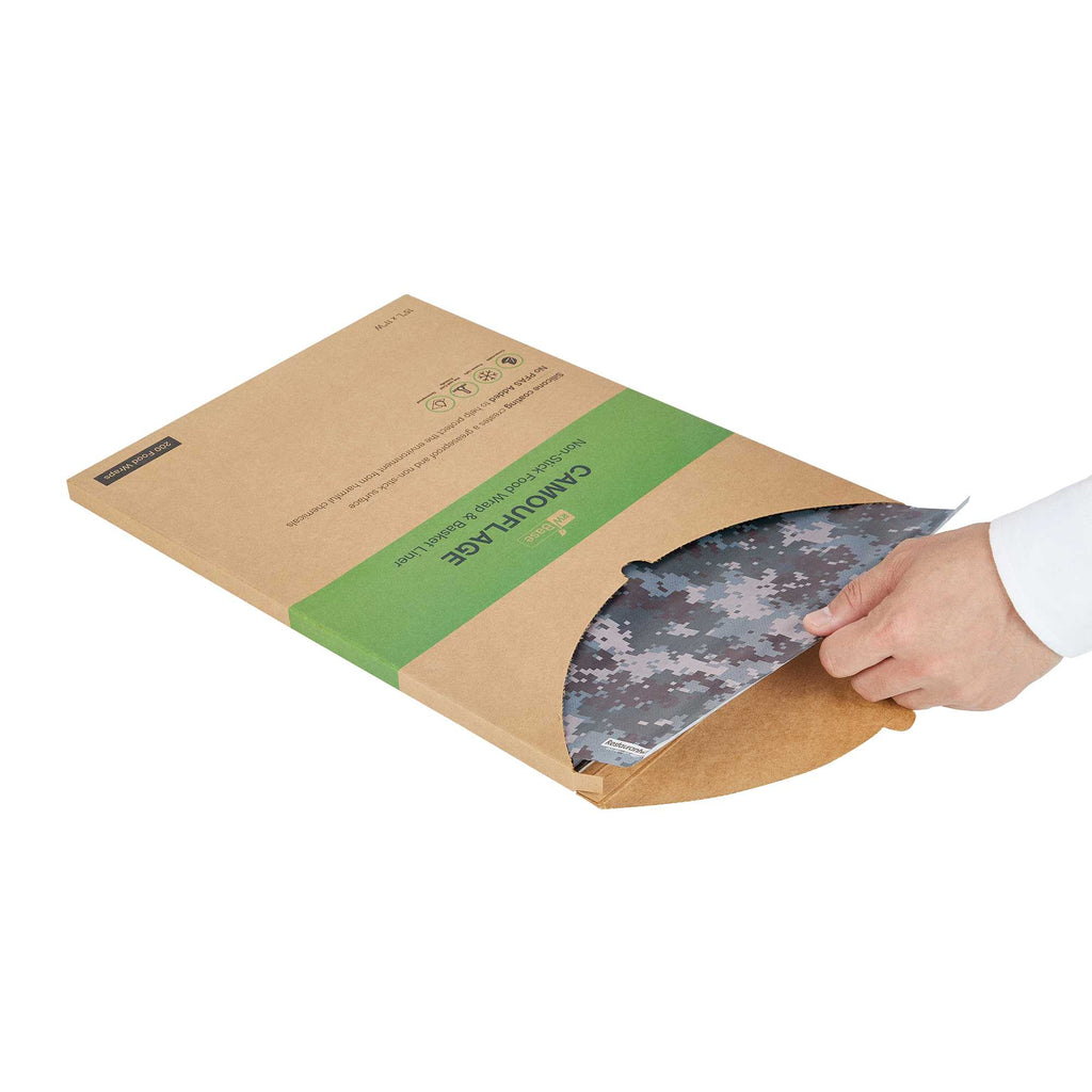 Chef 101 No PFAS Added Camouflage Paper Food Wrap and Basket Liner - Greaseproof, Compostable - 15" x 11" - 200 count box
