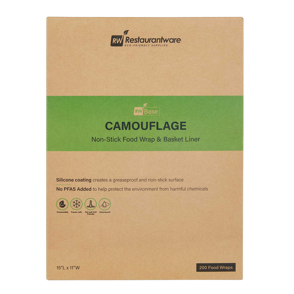 Chef 101 No PFAS Added Camouflage Paper Food Wrap and Basket Liner - Greaseproof, Compostable - 15" x 11" - 200 count box