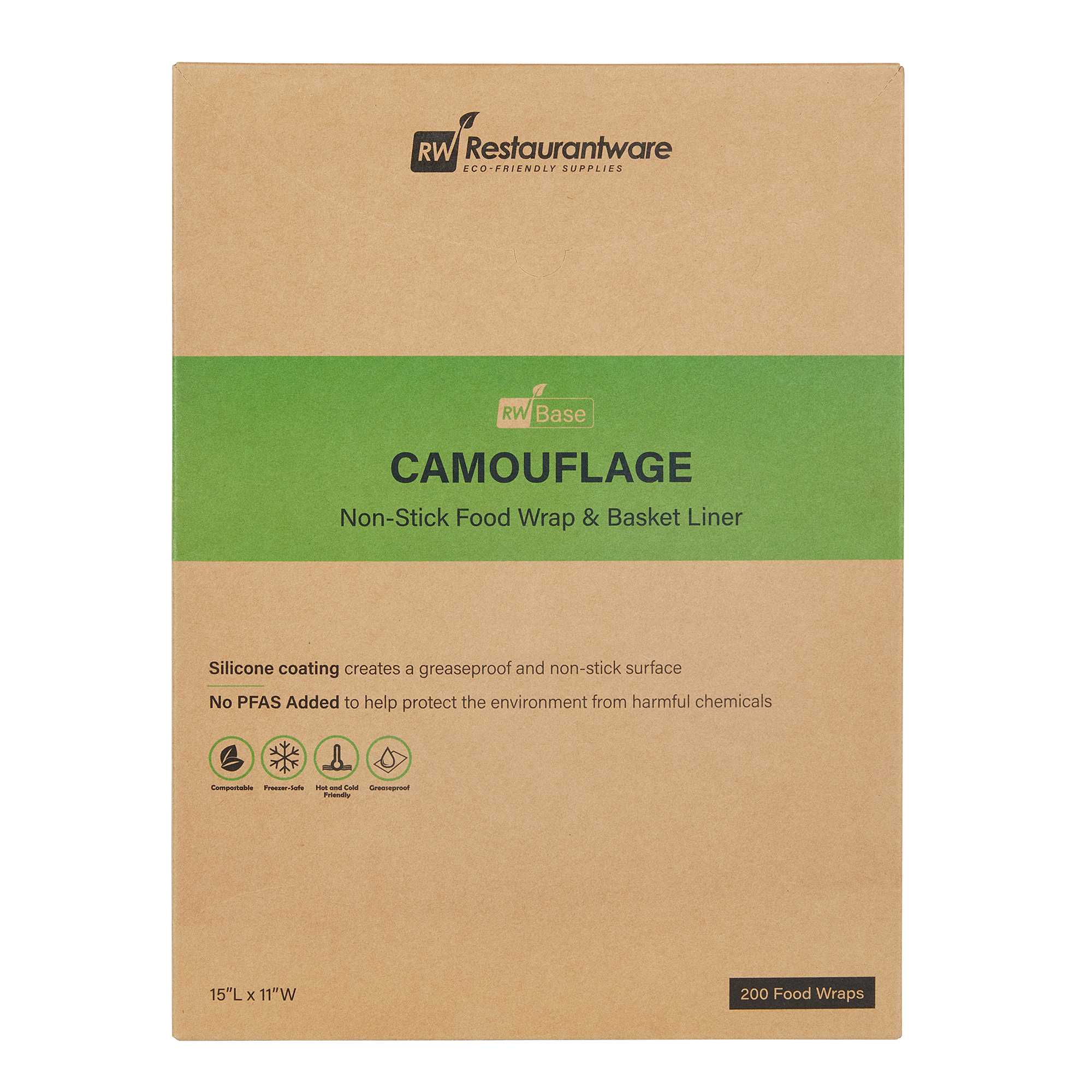 Chef 101 No PFAS Added Camouflage Paper Food Wrap and Basket Liner - Greaseproof, Compostable - 15" x 11" - 200 count box