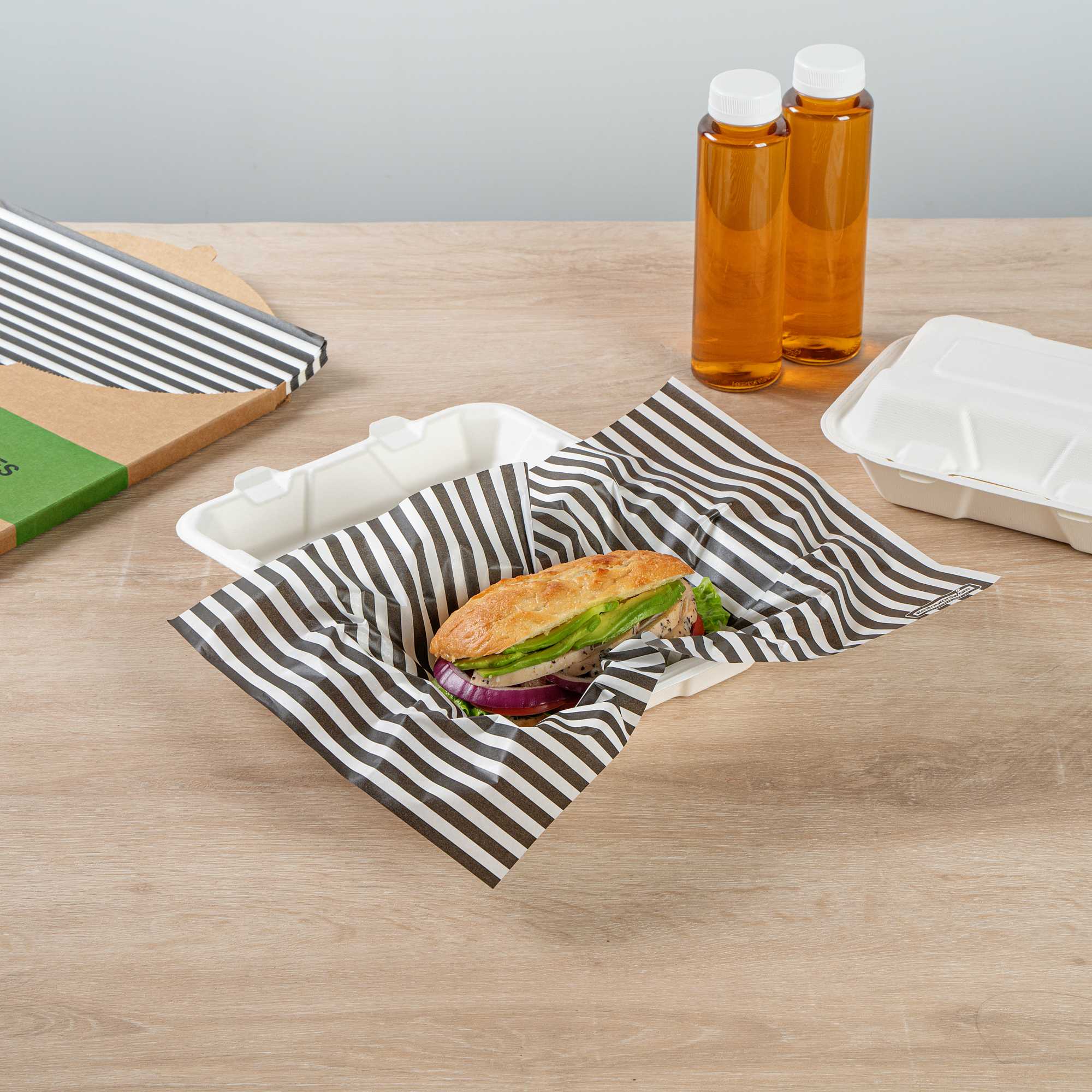 Chef 101 No PFAS Added Black and White Stripe Paper Food Wrap and Basket Liner - Greaseproof, Compostable - 15" x 11" - 200 count box