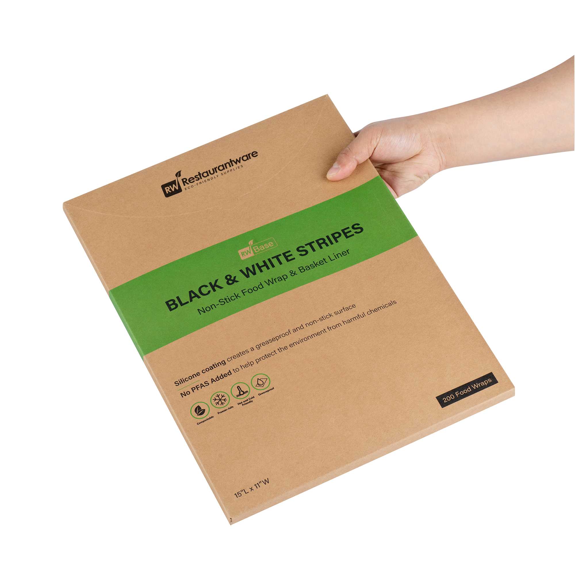 Chef 101 No PFAS Added Black and White Stripe Paper Food Wrap and Basket Liner - Greaseproof, Compostable - 15" x 11" - 200 count box