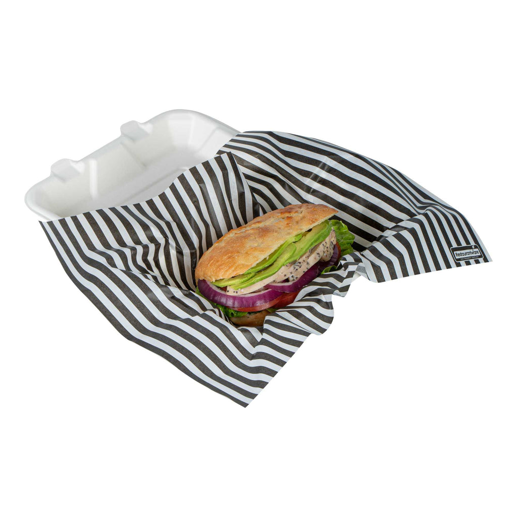 Chef 101 No PFAS Added Black and White Stripe Paper Food Wrap and Basket Liner - Greaseproof, Compostable - 15" x 11" - 200 count box
