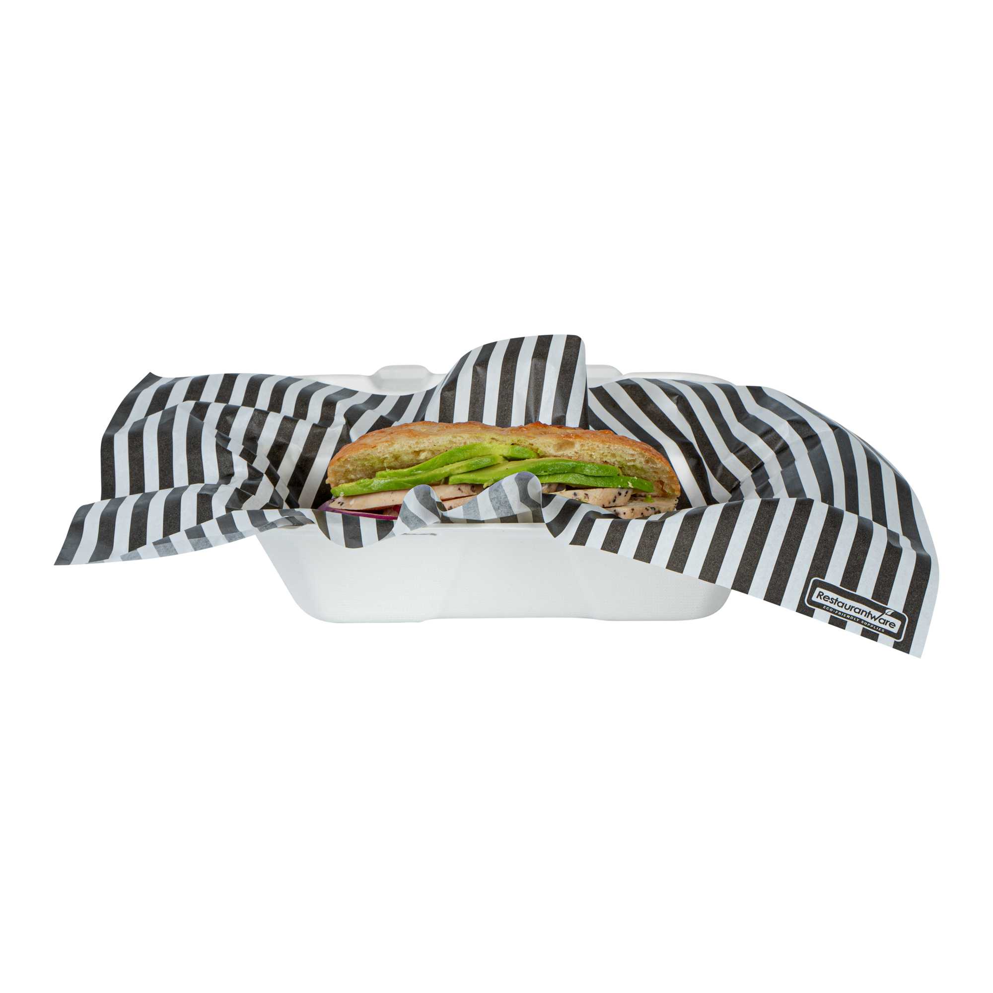 Chef 101 No PFAS Added Black and White Stripe Paper Food Wrap and Basket Liner - Greaseproof, Compostable - 15" x 11" - 200 count box