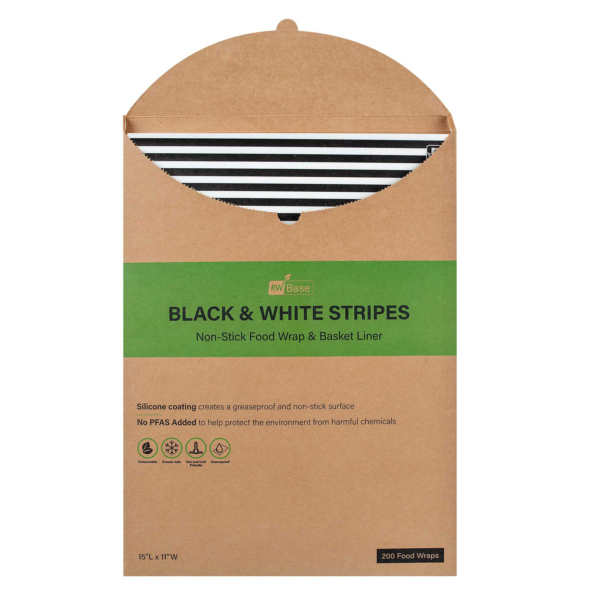 Chef 101 No PFAS Added Black and White Stripe Paper Food Wrap and Basket Liner - Greaseproof, Compostable - 15" x 11" - 200 count box