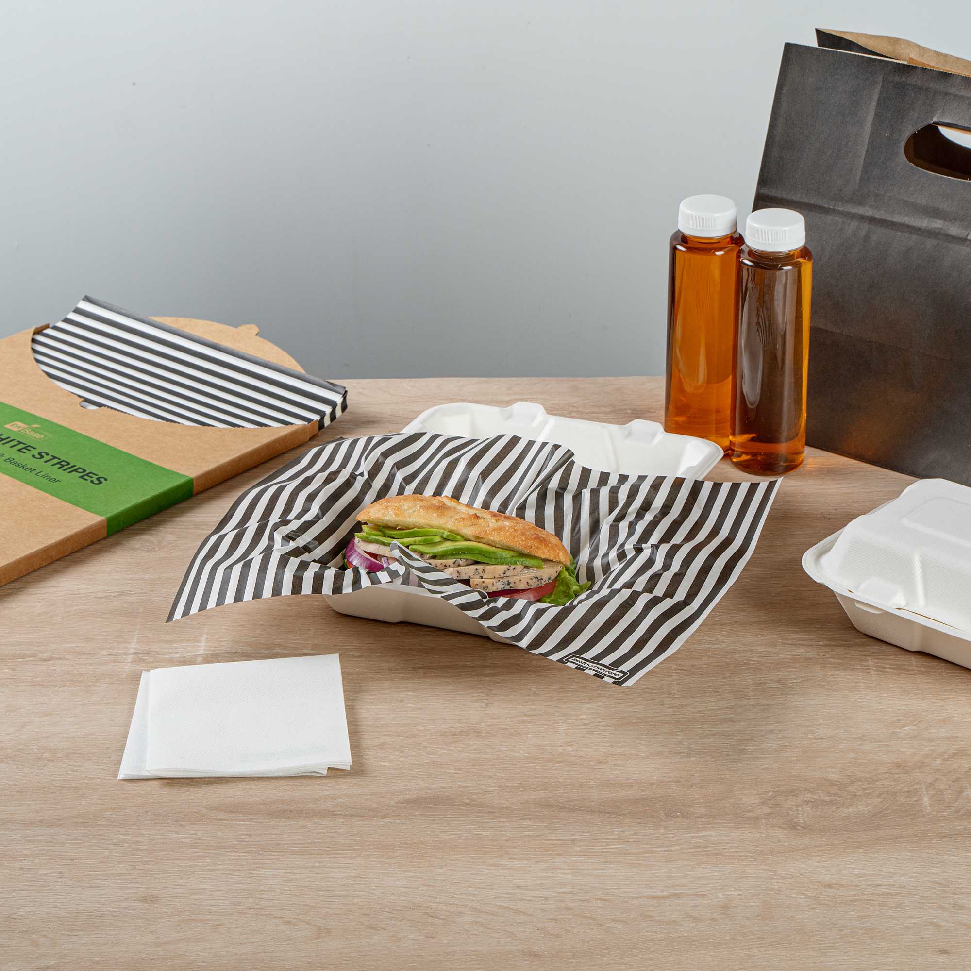 Chef 101 No PFAS Added Black and White Stripe Paper Food Wrap and Basket Liner - Greaseproof, Compostable - 15" x 11" - 200 count box