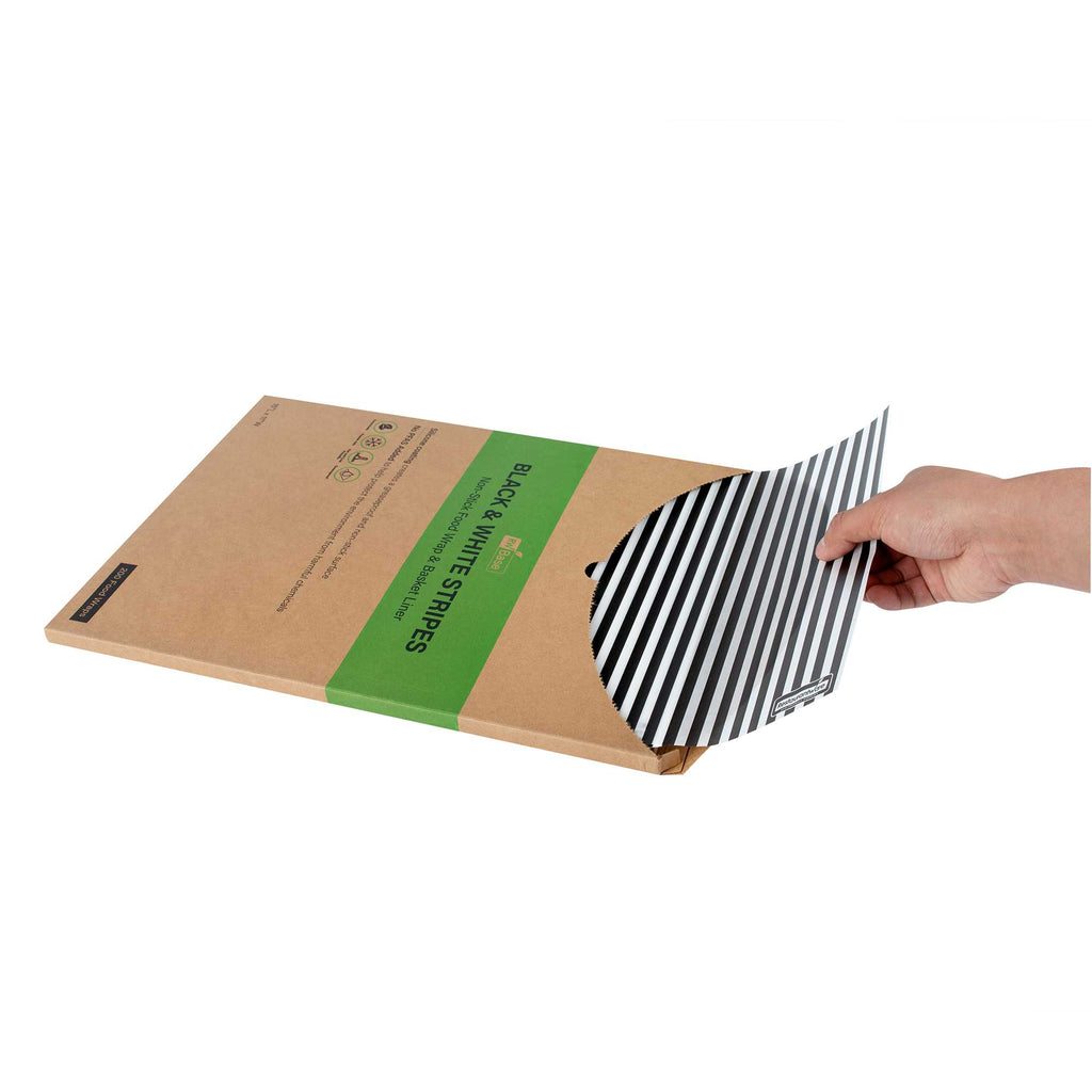 Chef 101 No PFAS Added Black and White Stripe Paper Food Wrap and Basket Liner - Greaseproof, Compostable - 15" x 11" - 2000 count box