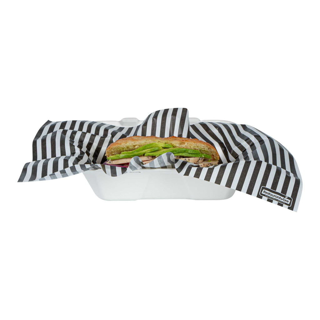 Chef 101 No PFAS Added Black and White Stripe Paper Food Wrap and Basket Liner - Greaseproof, Compostable - 15" x 11" - 2000 count box
