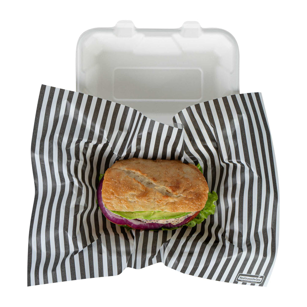 Chef 101 No PFAS Added Black and White Stripe Paper Food Wrap and Basket Liner - Greaseproof, Compostable - 15" x 11" - 2000 count box