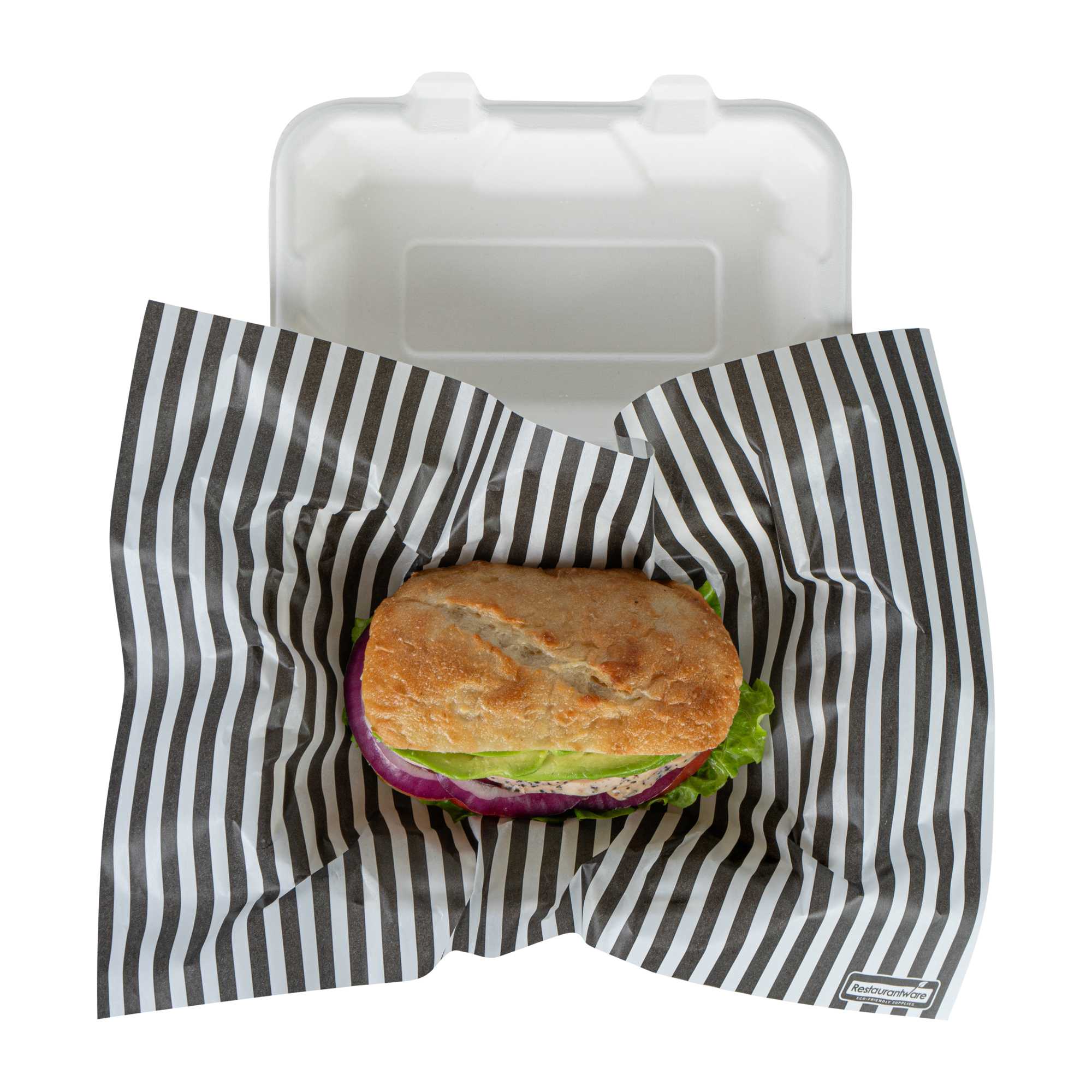 Chef 101 No PFAS Added Black and White Stripe Paper Food Wrap and Basket Liner - Greaseproof, Compostable - 15" x 11" - 2000 count box