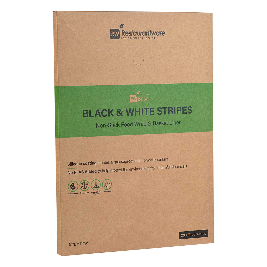 Chef 101 No PFAS Added Black and White Stripe Paper Food Wrap and Basket Liner - Greaseproof, Compostable - 15" x 11" - 2000 count box