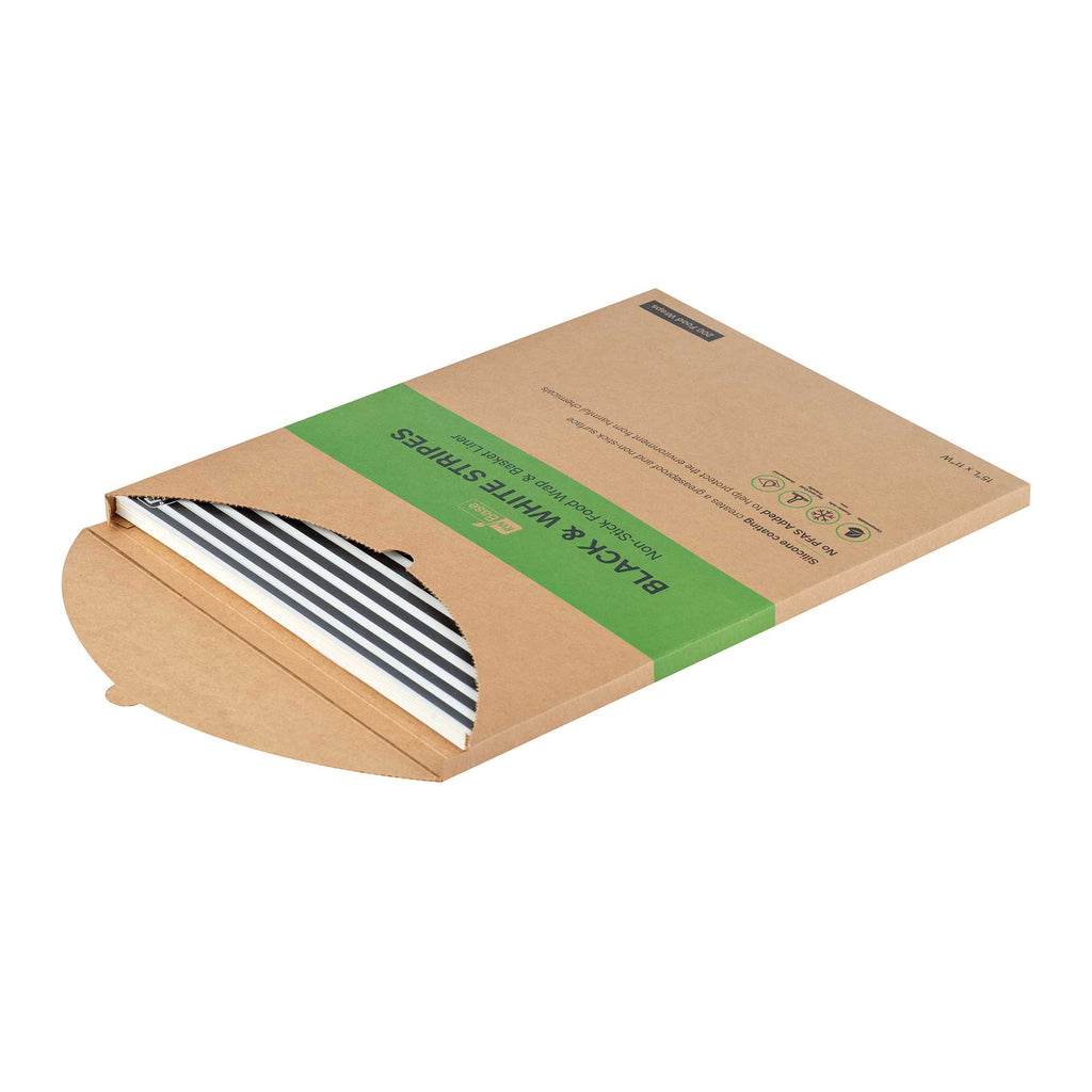 Chef 101 No PFAS Added Black and White Stripe Paper Food Wrap and Basket Liner - Greaseproof, Compostable - 15" x 11" - 2000 count box