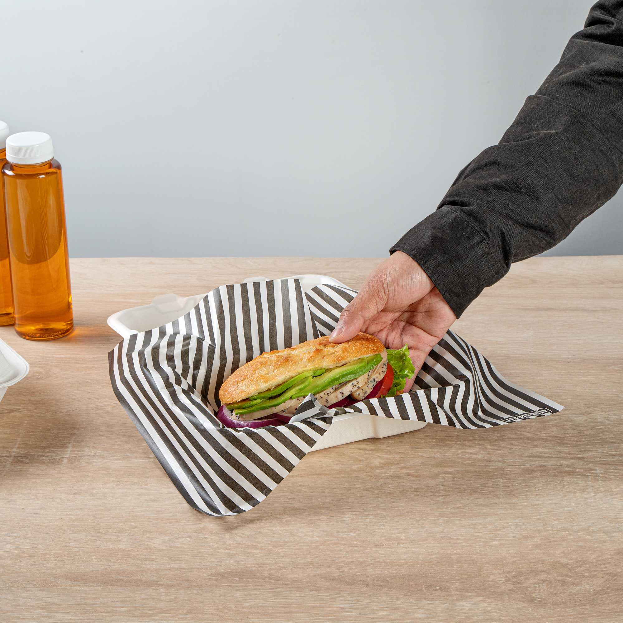 Chef 101 No PFAS Added Black and White Stripe Paper Food Wrap and Basket Liner - Greaseproof, Compostable - 15" x 11" - 2000 count box