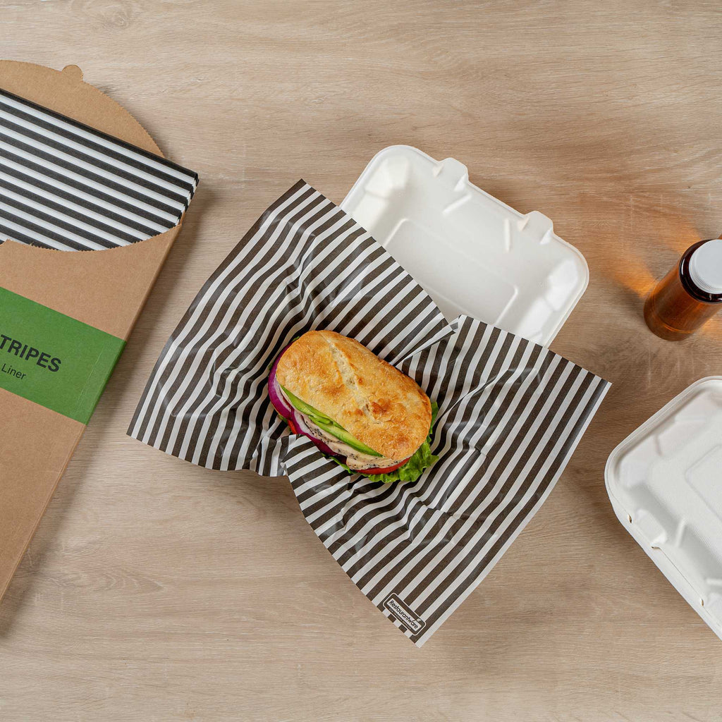 Chef 101 No PFAS Added Black and White Stripe Paper Food Wrap and Basket Liner - Greaseproof, Compostable - 15" x 11" - 2000 count box