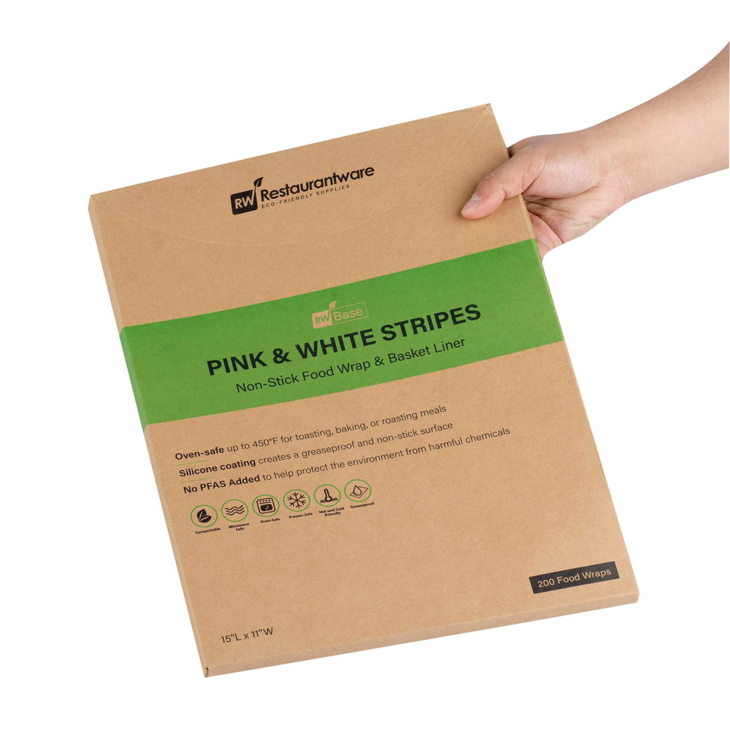 Chef 101 No PFAS Added Pink and White Stripe Paper Food Wrap and Basket Liner - Greaseproof, Compostable - 15" x 11" - 200 count box