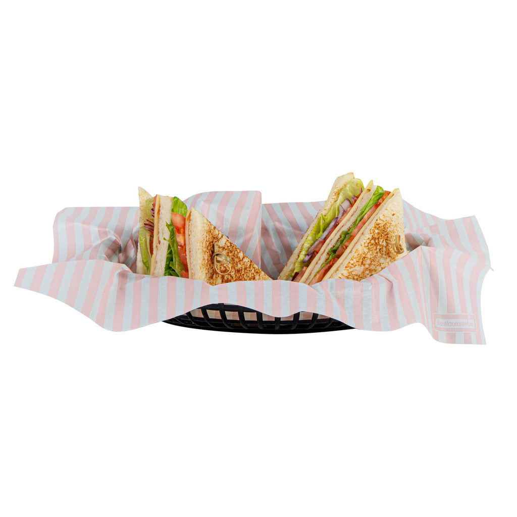 Chef 101 No PFAS Added Pink and White Stripe Paper Food Wrap and Basket Liner - Greaseproof, Compostable - 15" x 11" - 200 count box