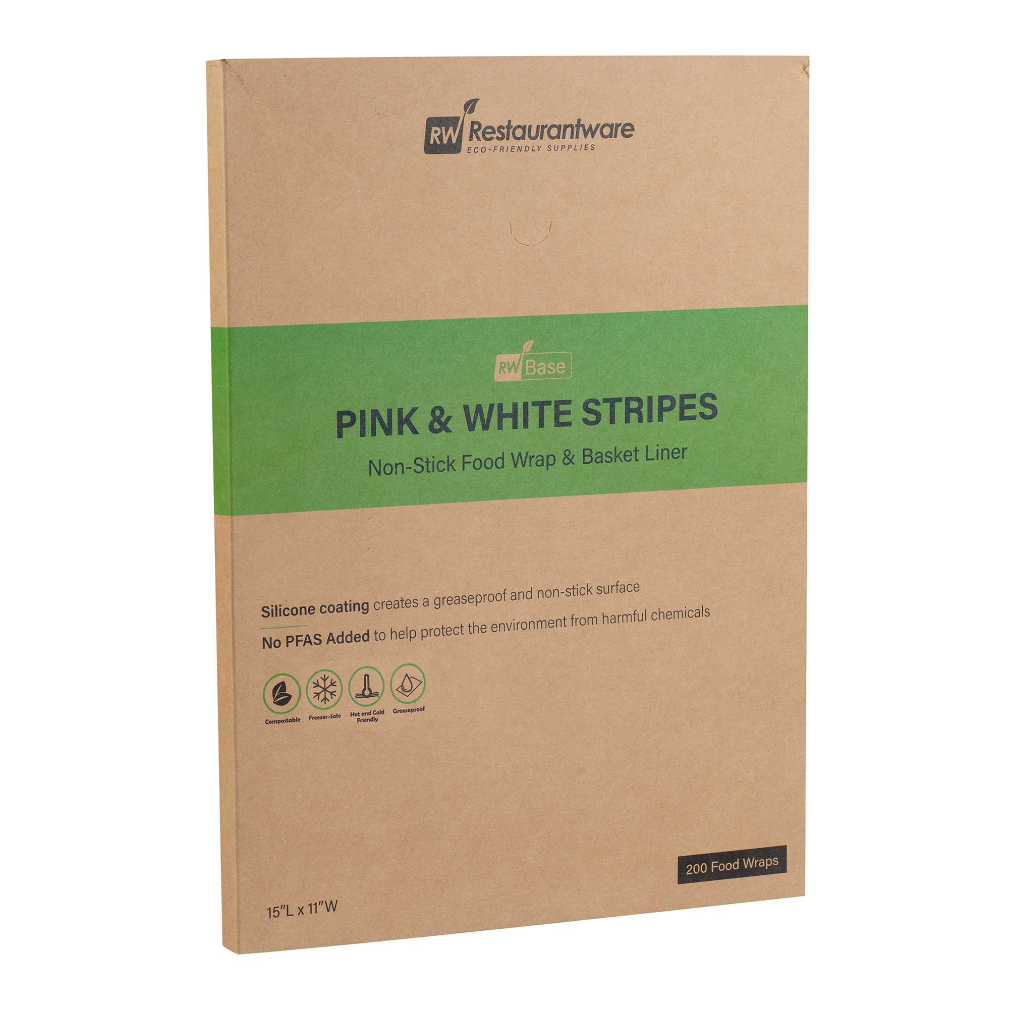 Chef 101 No PFAS Added Pink and White Stripe Paper Food Wrap and Basket Liner - Greaseproof, Compostable - 15" x 11" - 200 count box