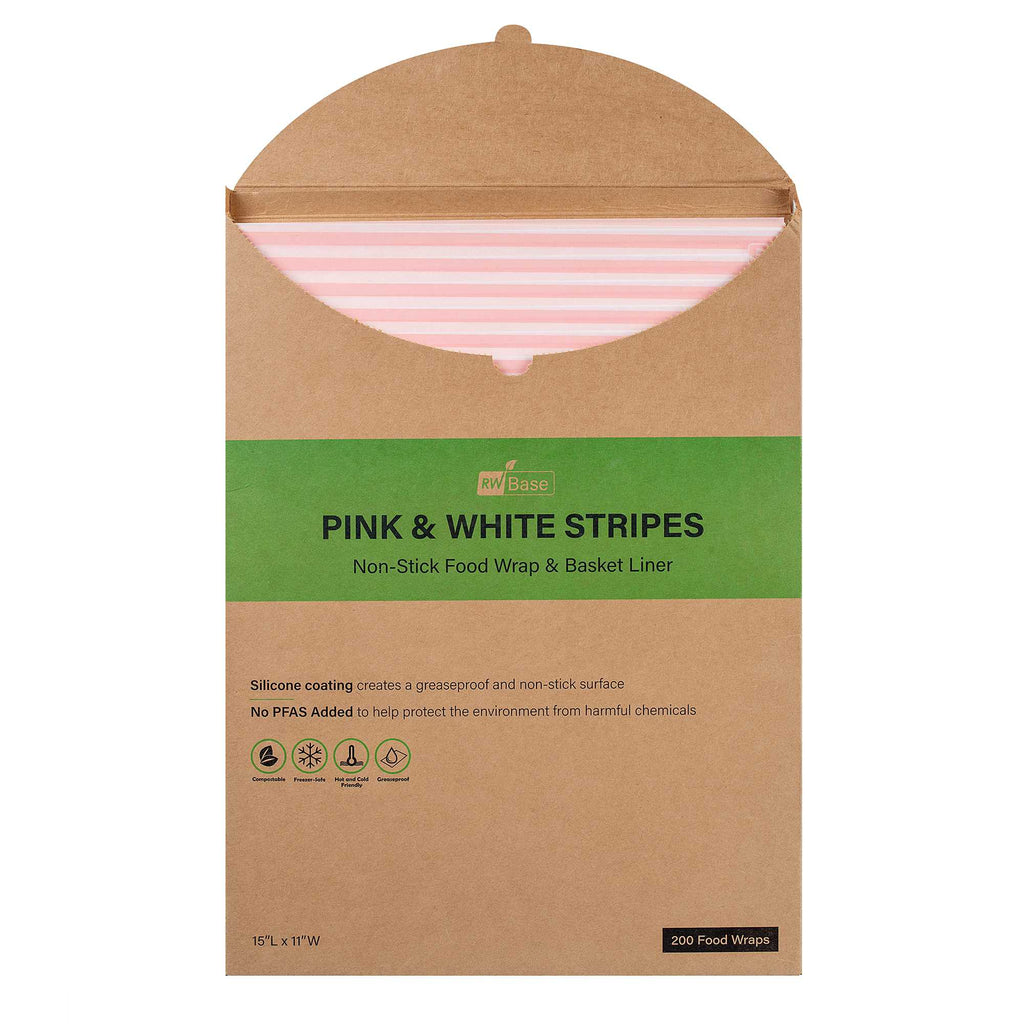 Chef 101 No PFAS Added Pink and White Stripe Paper Food Wrap and Basket Liner - Greaseproof, Compostable - 15" x 11" - 200 count box