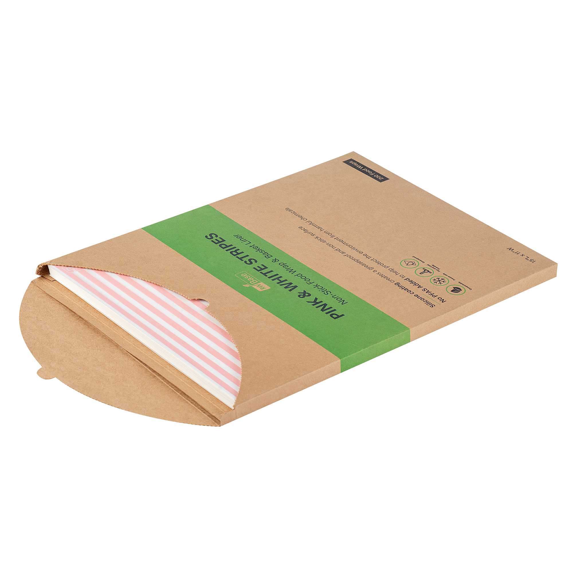 Chef 101 No PFAS Added Pink and White Stripe Paper Food Wrap and Basket Liner - Greaseproof, Compostable - 15" x 11" - 200 count box