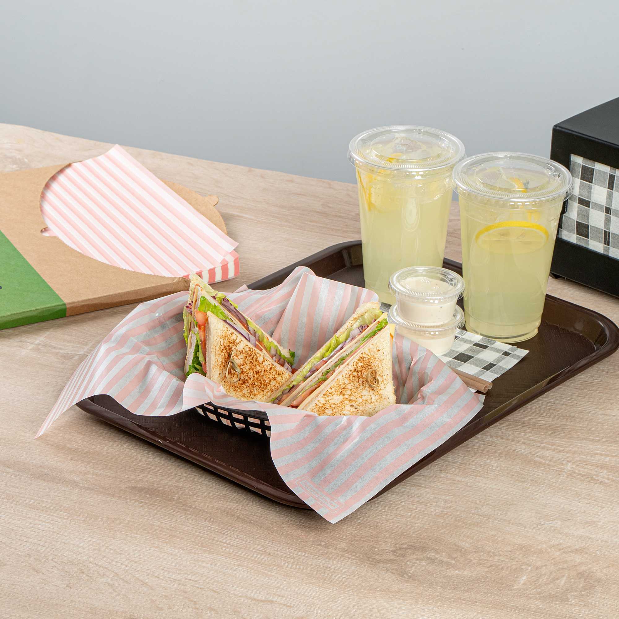 Chef 101 No PFAS Added Pink and White Stripe Paper Food Wrap and Basket Liner - Greaseproof, Compostable - 15" x 11" - 200 count box
