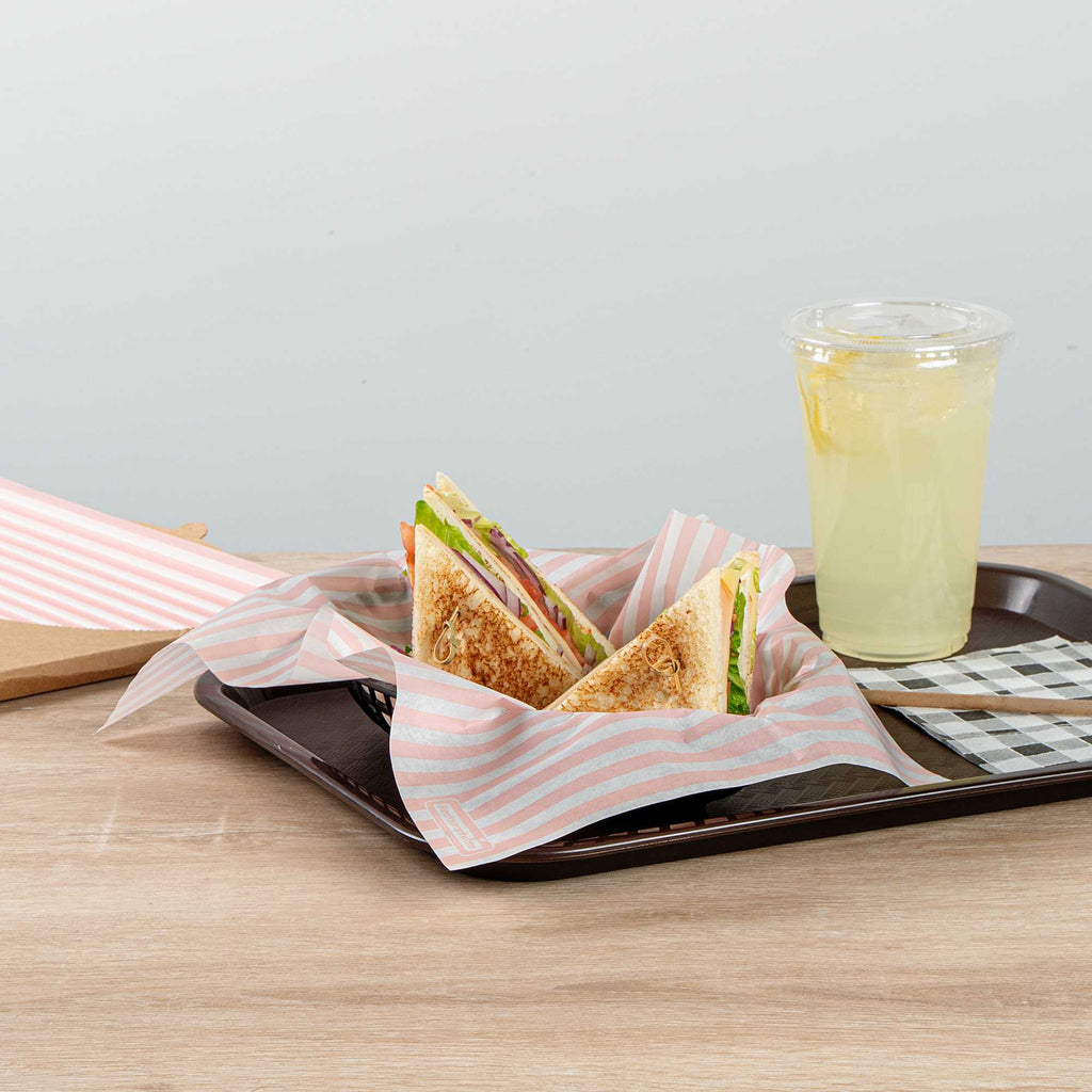 Chef 101 No PFAS Added Pink and White Stripe Paper Food Wrap and Basket Liner - Greaseproof, Compostable - 15" x 11" - 200 count box