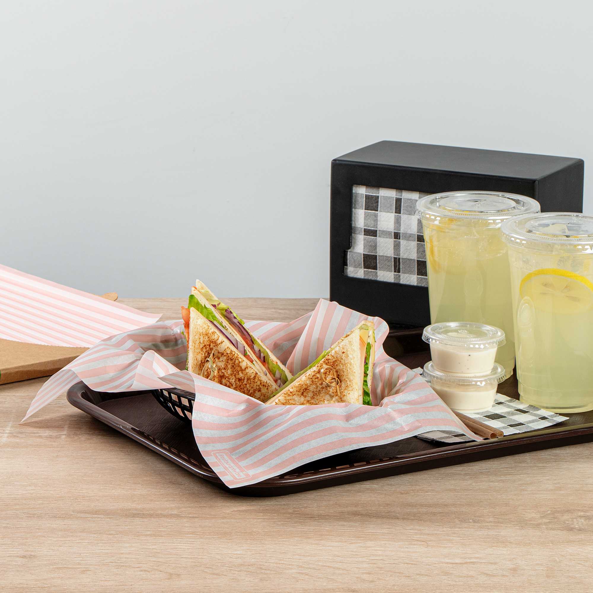 Chef 101 No PFAS Added Pink and White Stripe Paper Food Wrap and Basket Liner - Greaseproof, Compostable - 15" x 11" - 200 count box
