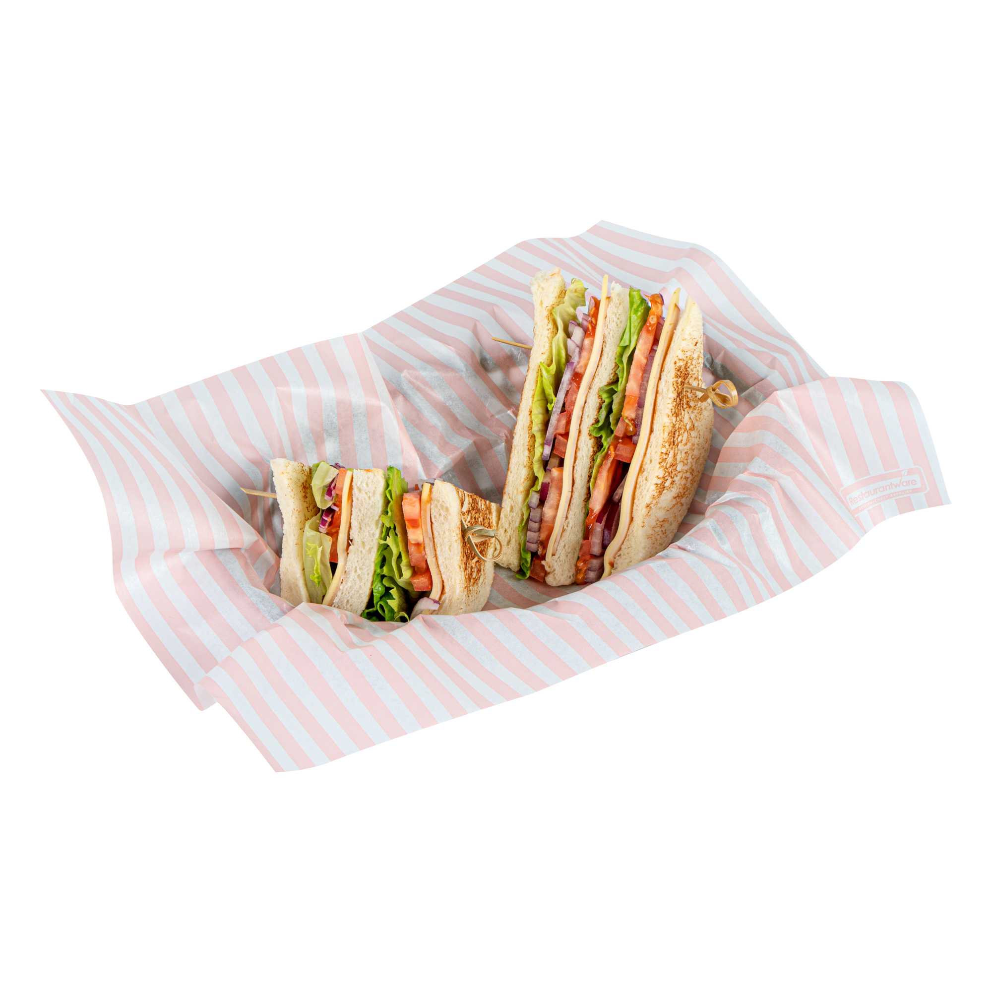 Chef 101 No PFAS Added Pink and White Stripe Paper Food Wrap and Basket Liner - Greaseproof, Compostable - 15" x 11" - 2000 count box