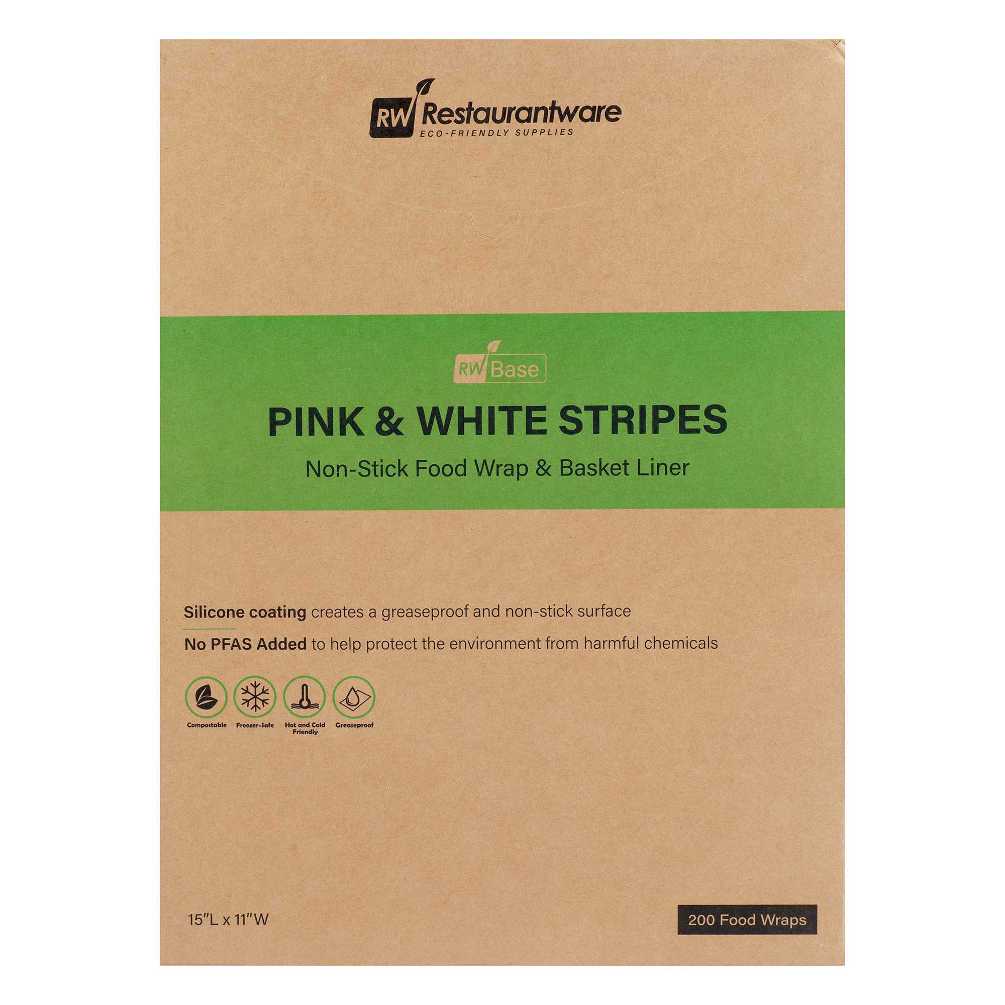 Chef 101 No PFAS Added Pink and White Stripe Paper Food Wrap and Basket Liner - Greaseproof, Compostable - 15" x 11" - 2000 count box