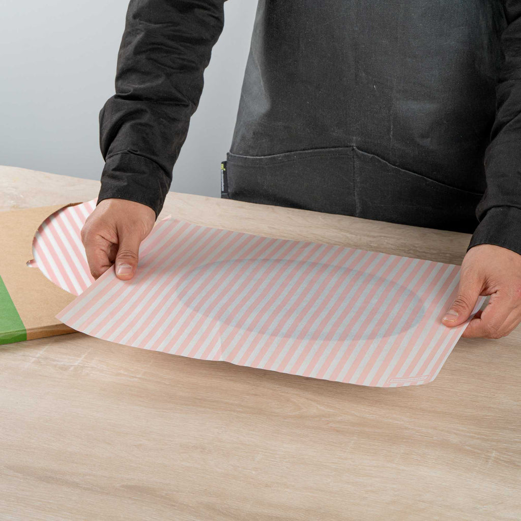 Chef 101 No PFAS Added Pink and White Stripe Paper Food Wrap and Basket Liner - Greaseproof, Compostable - 15" x 11" - 2000 count box