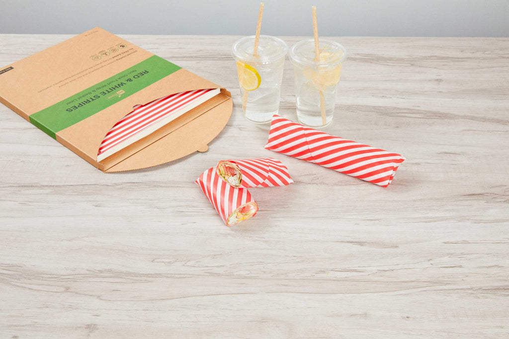 Chef 101 No PFAS Added Red and White Stripe Paper Food Wrap and Basket Liner - Greaseproof, Compostable - 15" x 11" - 2000 count box