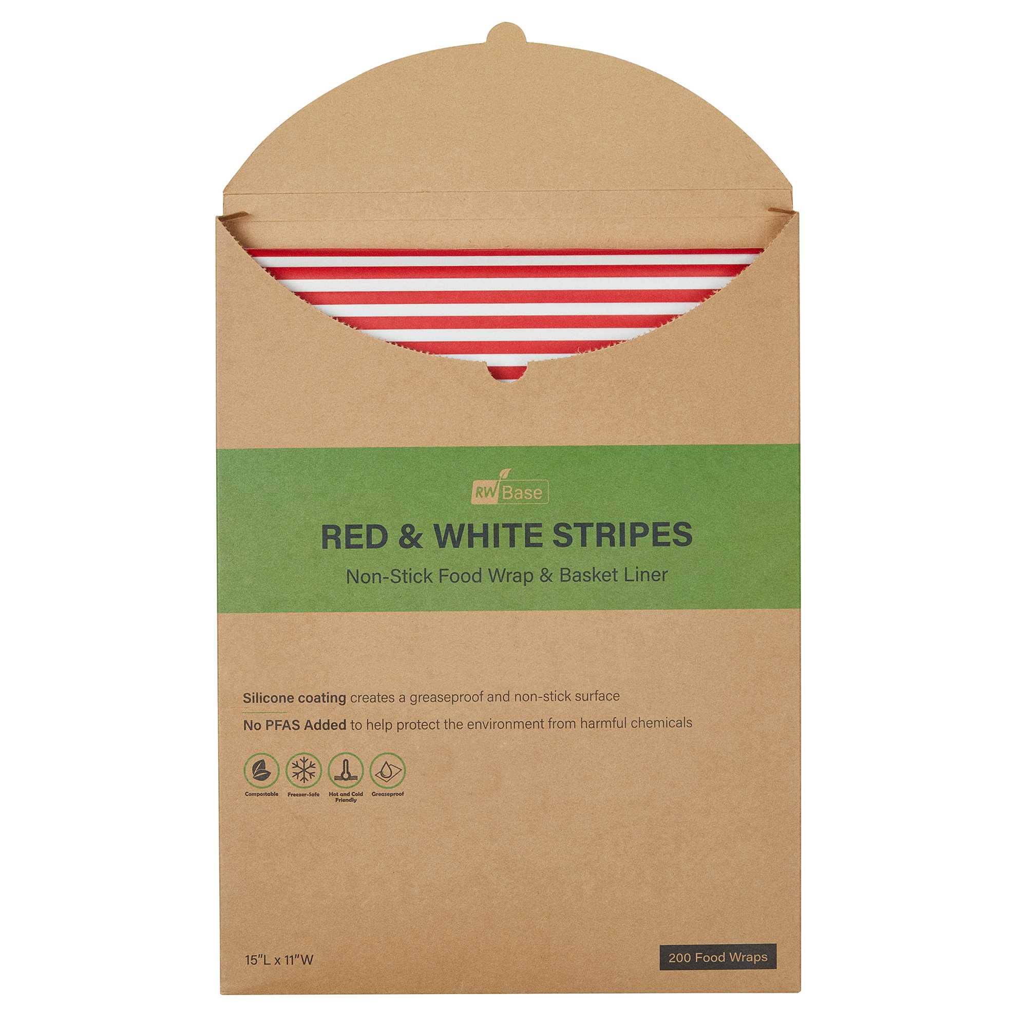 Chef 101 No PFAS Added Red and White Stripe Paper Food Wrap and Basket Liner - Greaseproof, Compostable - 15" x 11" - 2000 count box