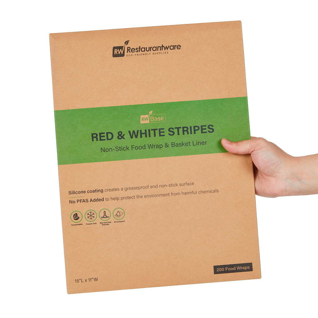Chef 101 No PFAS Added Red and White Stripe Paper Food Wrap and Basket Liner - Greaseproof, Compostable - 15" x 11" - 2000 count box