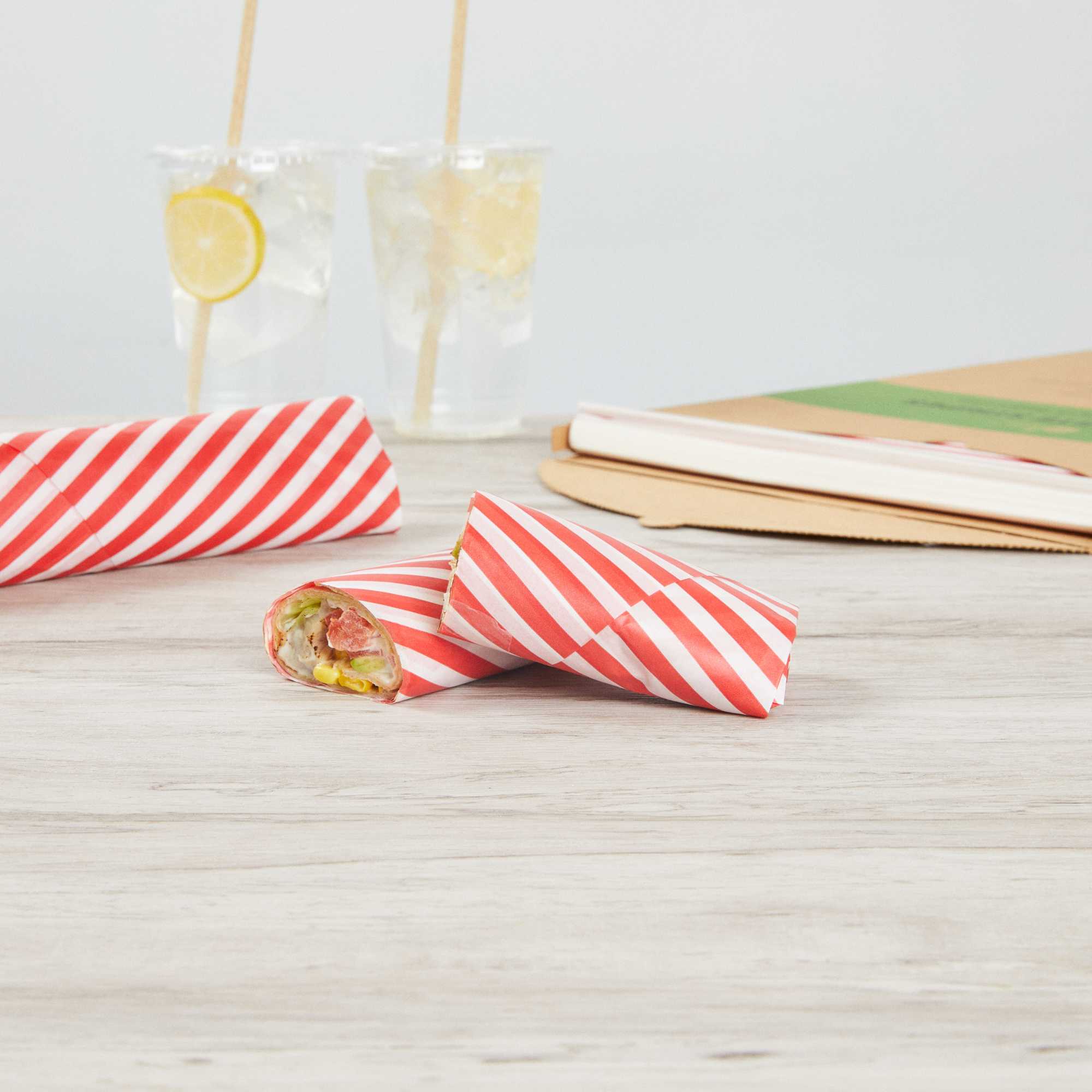 Chef 101 No PFAS Added Red and White Stripe Paper Food Wrap and Basket Liner - Greaseproof, Compostable - 15" x 11" - 2000 count box