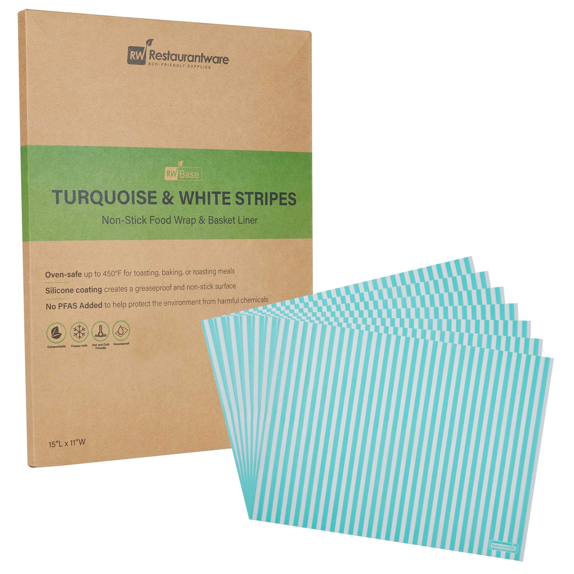 Chef 101 No PFAS Added Turquoise and White Stripe Paper Food Wrap and Basket Liner - Greaseproof, Compostable - 15" x 11" - 200 count box